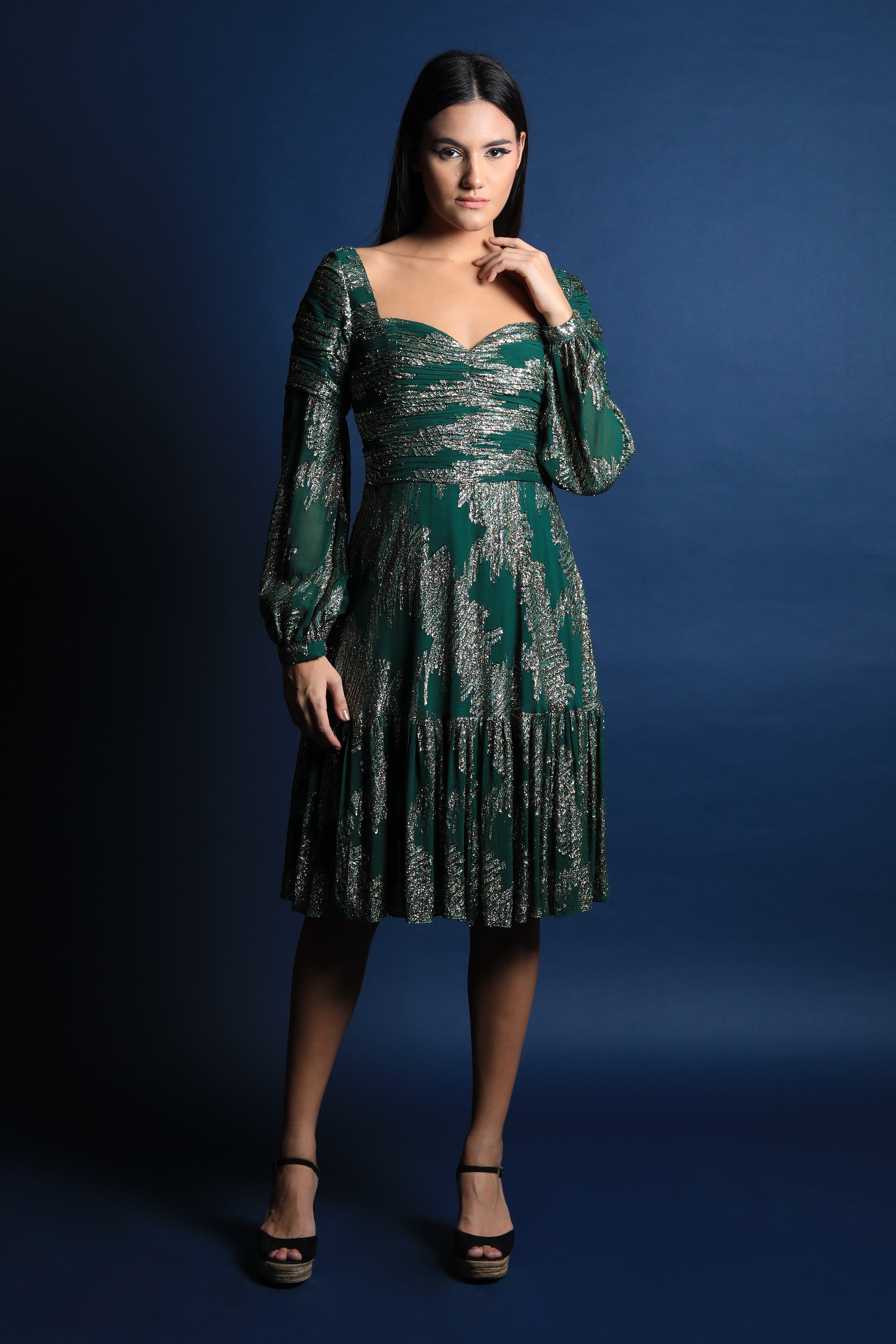 Sweetheart Neck Textured Sleeves Dress