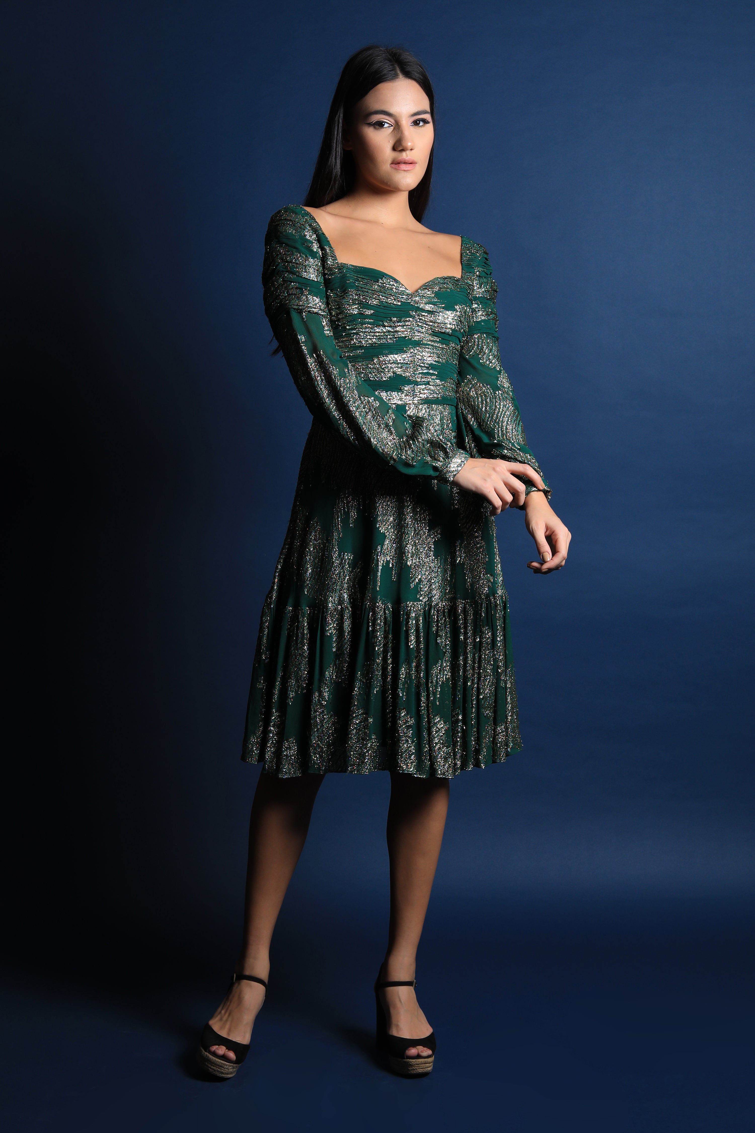 Sweetheart Neck Textured Sleeves Dress