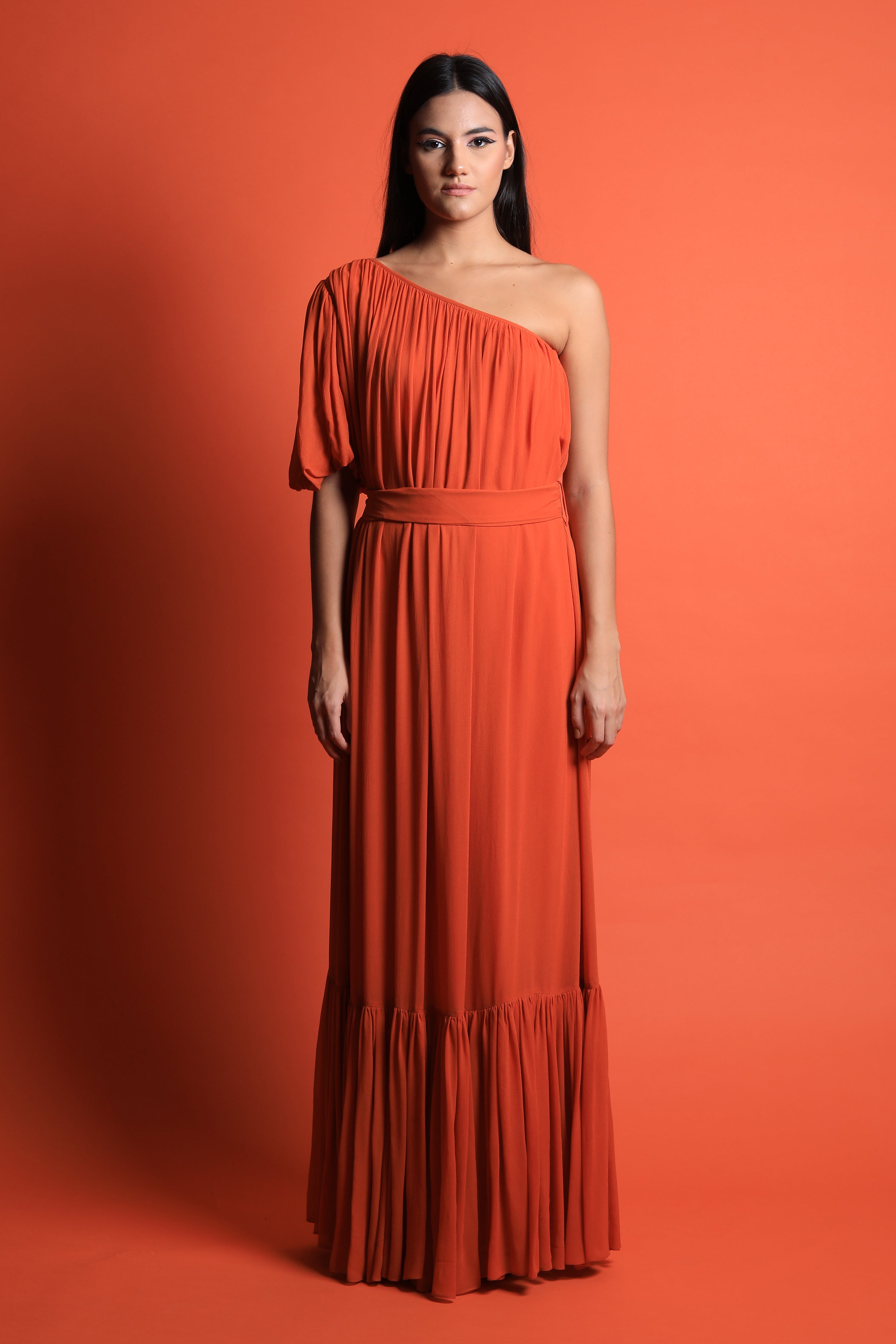One Shoulder Ruched Hem Maxi Gown