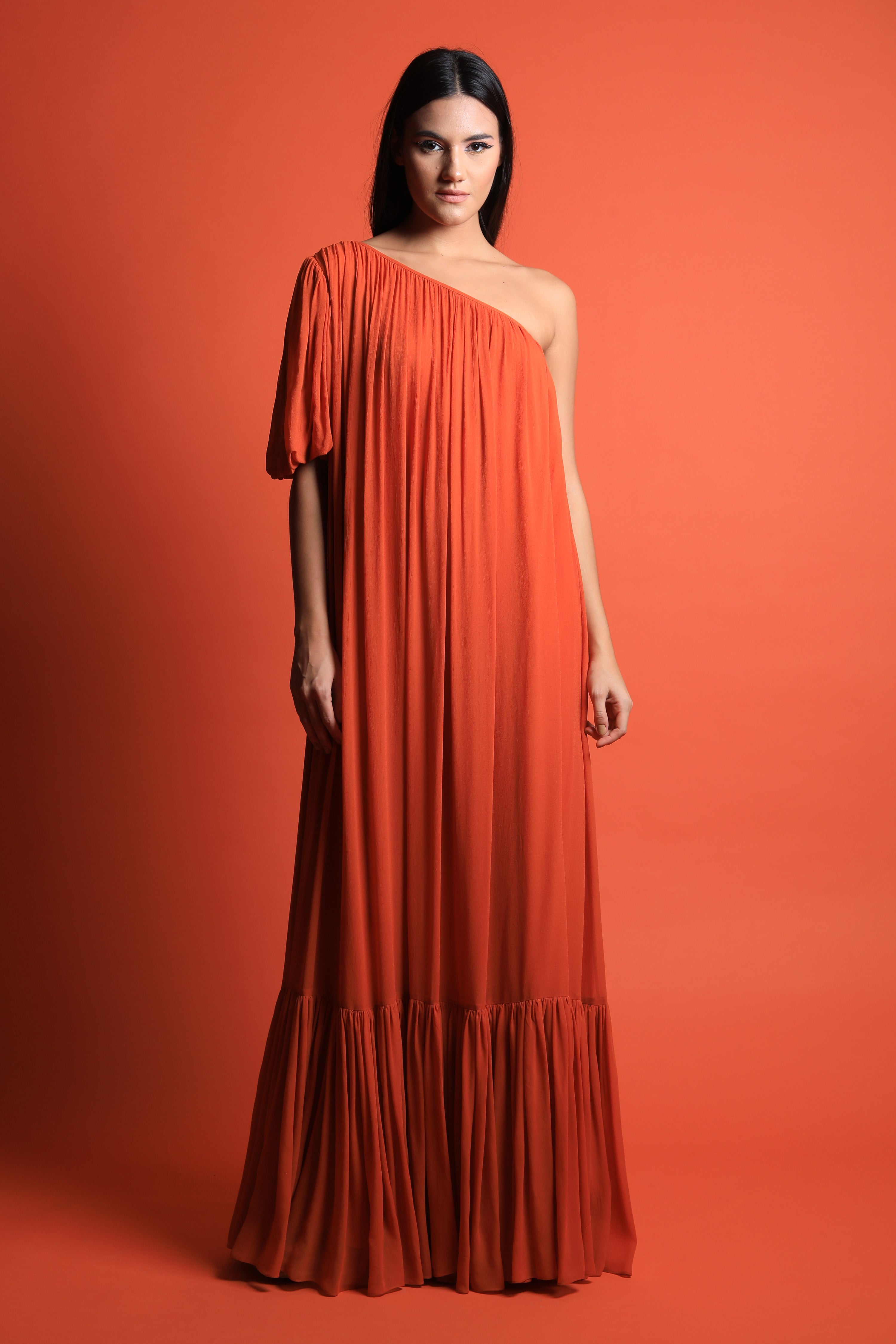 One Shoulder Ruched Hem Maxi Gown