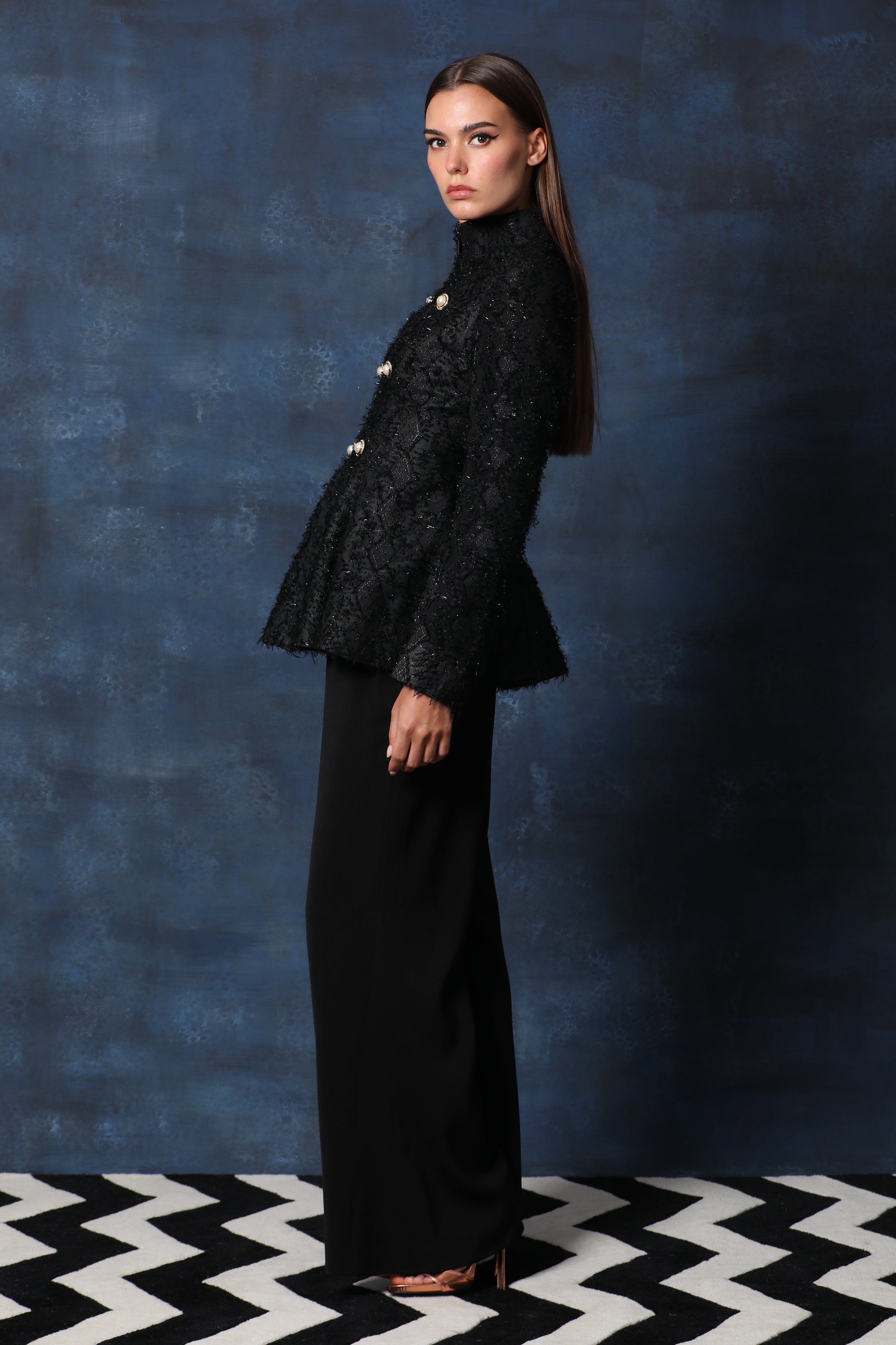 Black Turtleneck Full Sleeve Blazer in Embellished Base