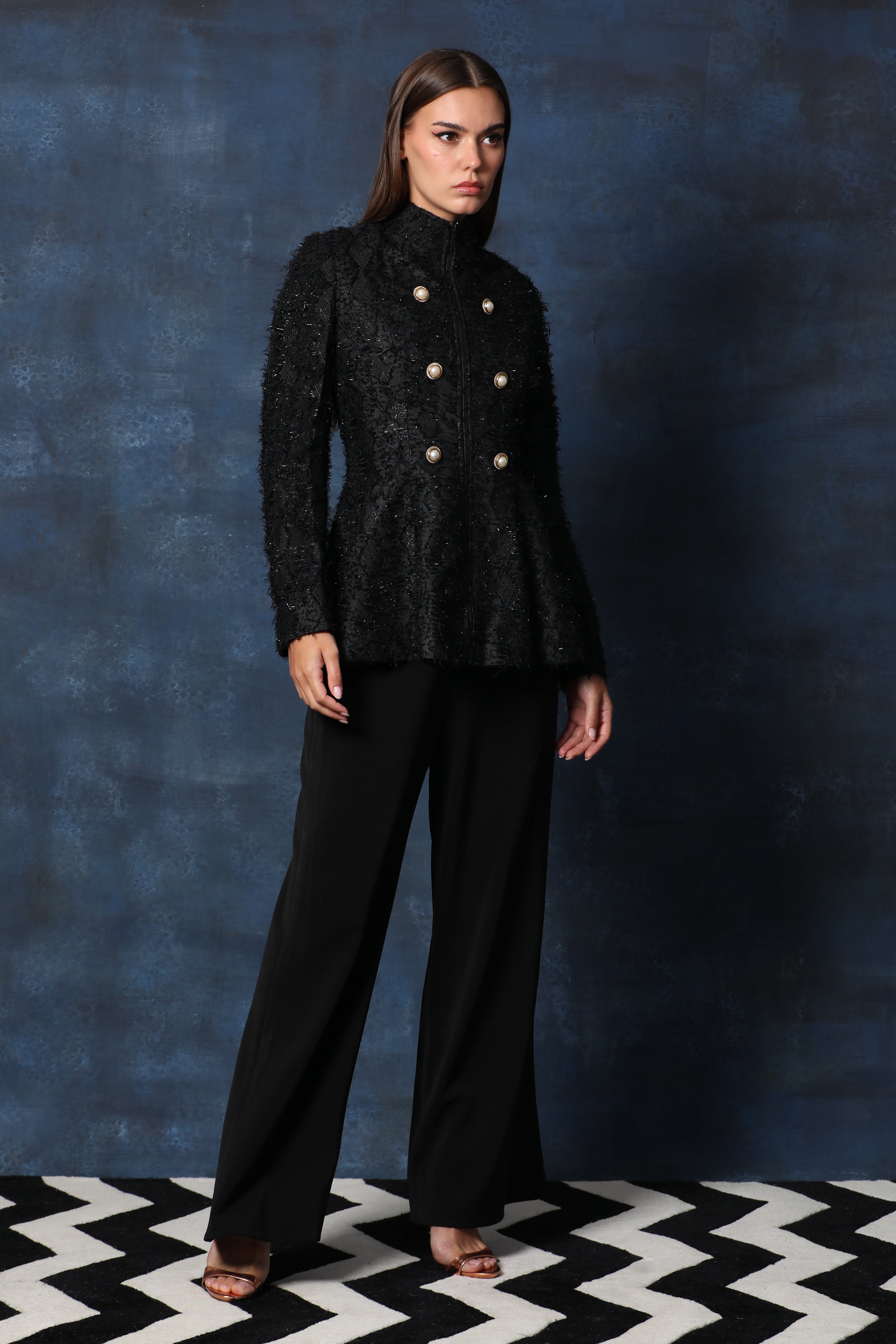 Black Turtleneck Full Sleeve Blazer in Embellished Base