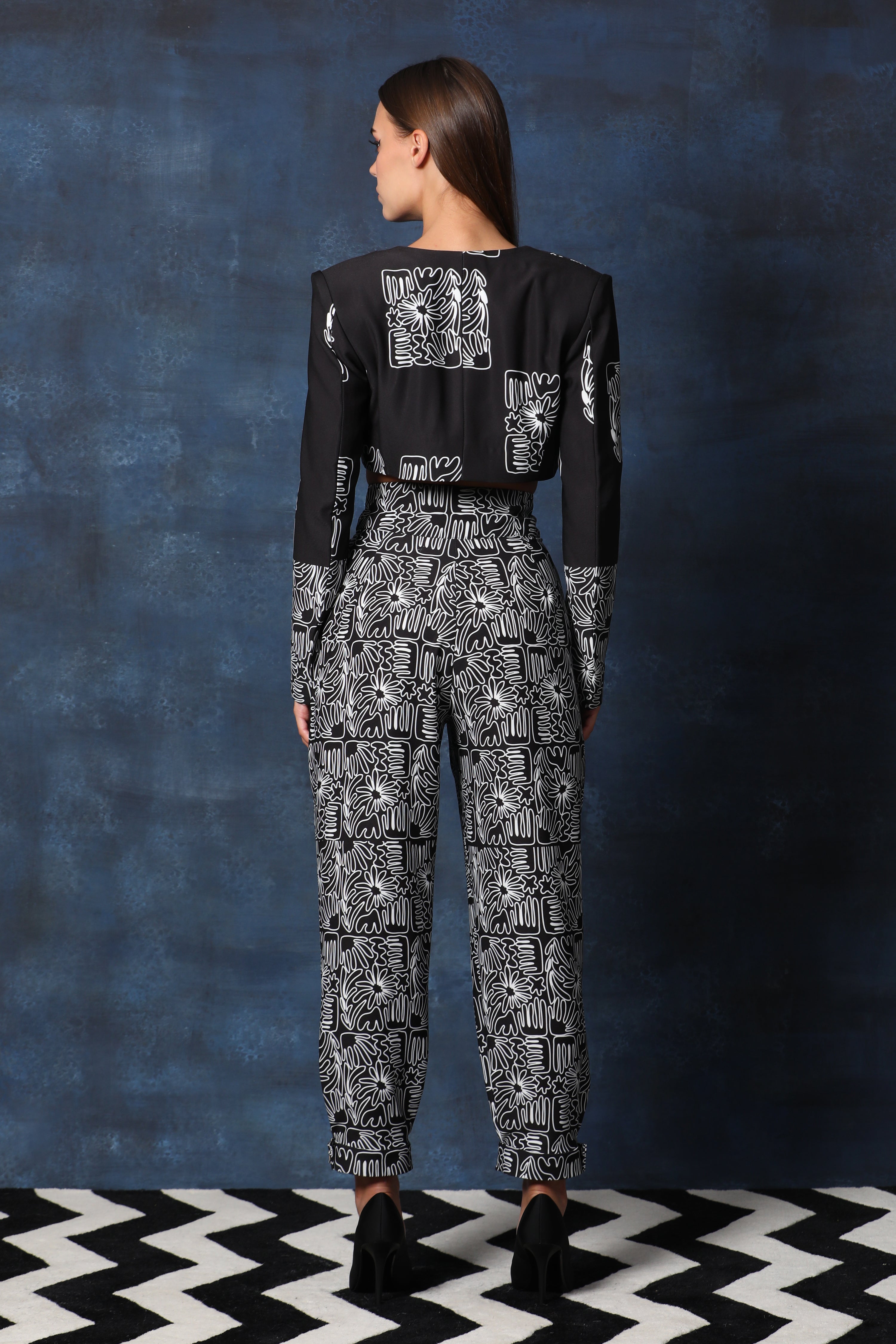 Frame Print Full Sleeves Crop Jacket with Chinos Pants