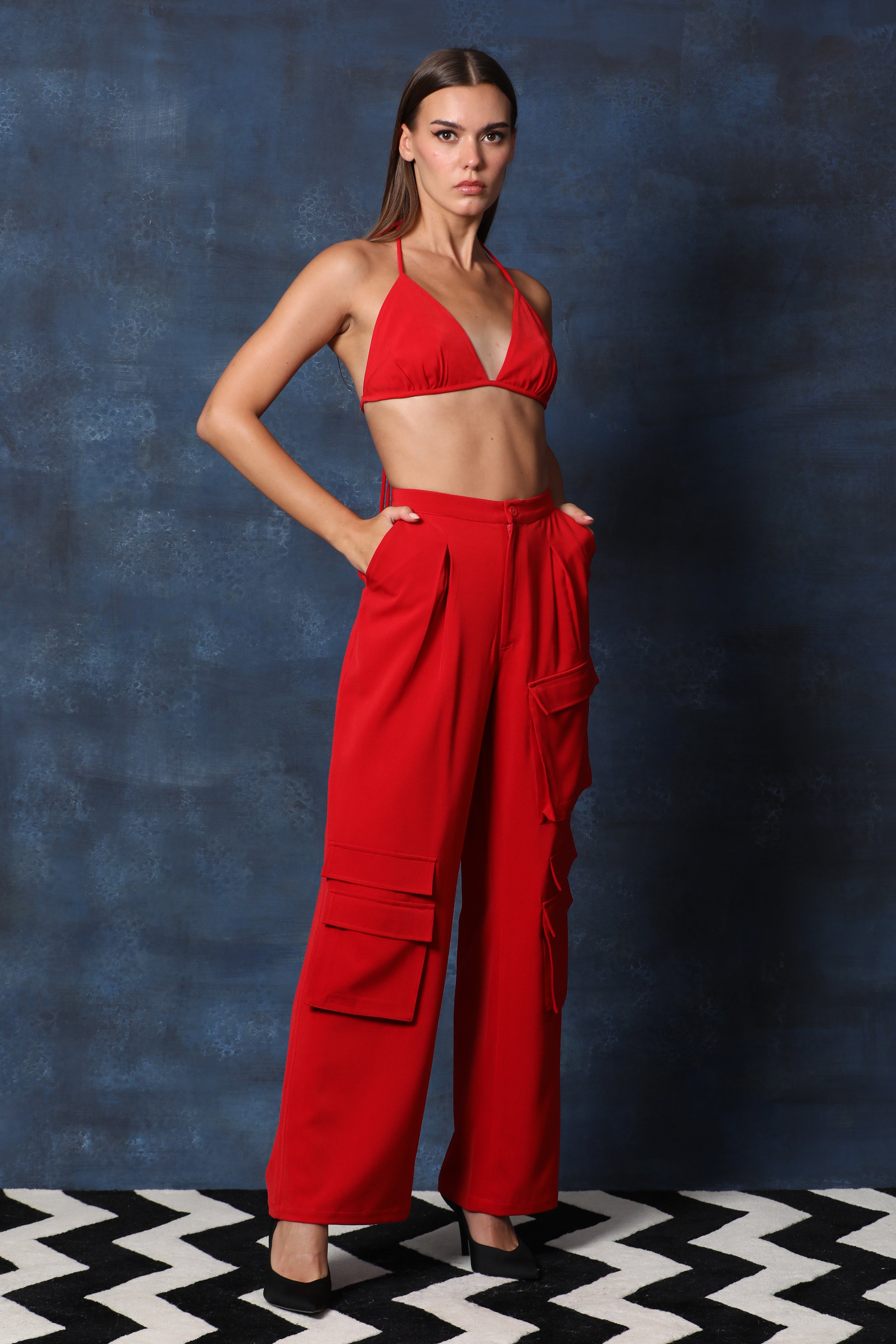 Red Strappy Bikini Top with Cargos Pants
