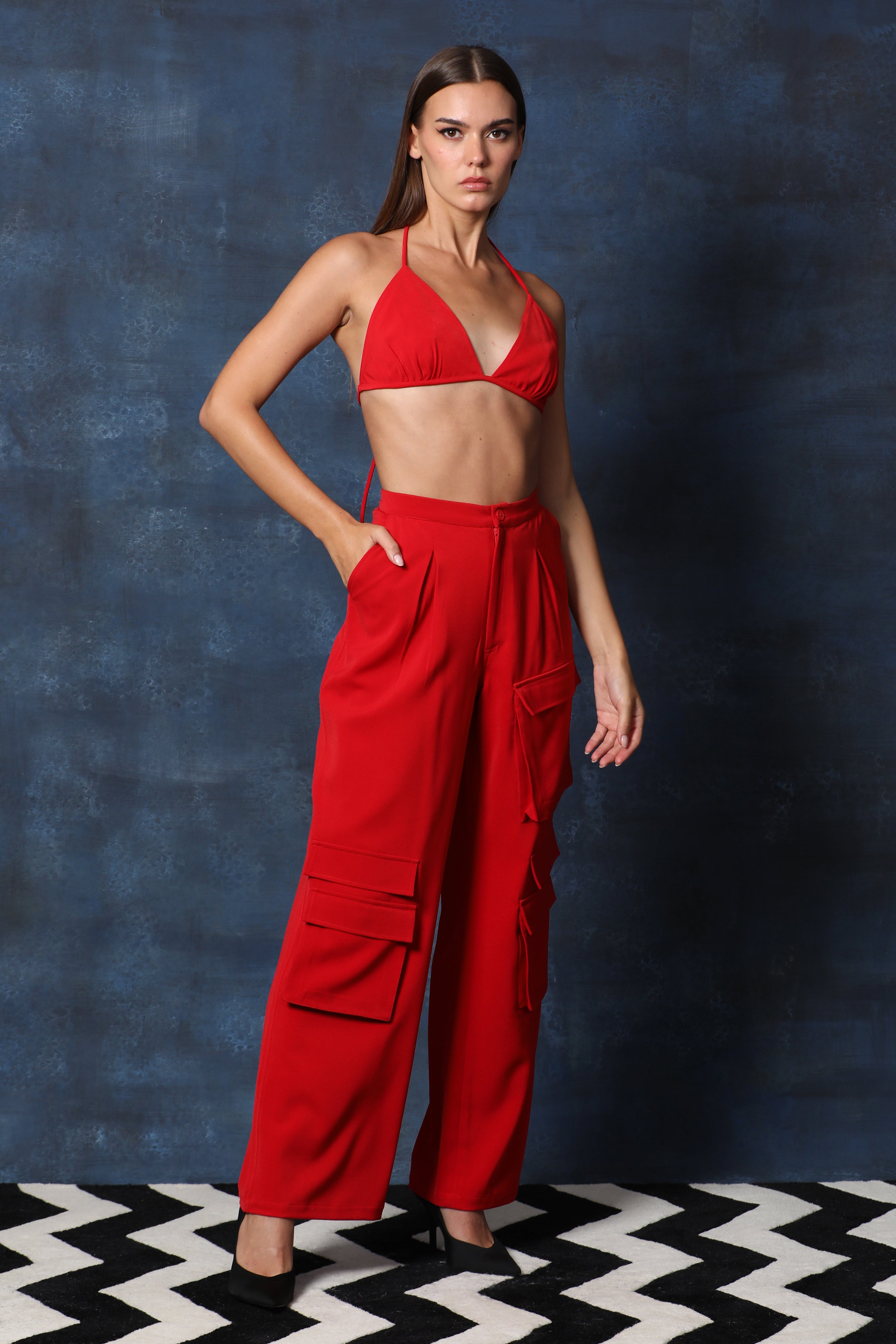 Red Strappy Bikini Top with Cargos Pants