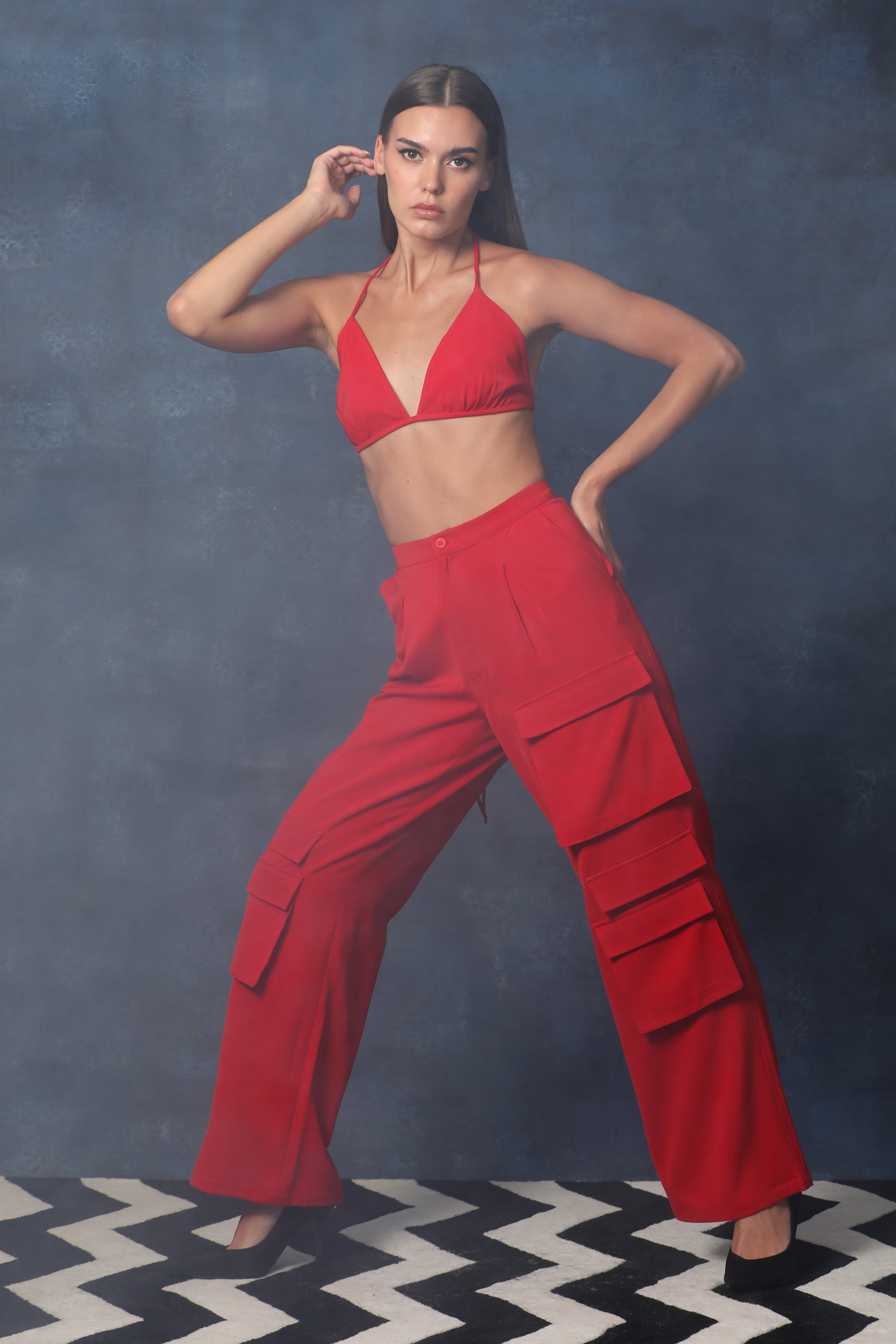 Red Strappy Bikini Top with Cargos Pants