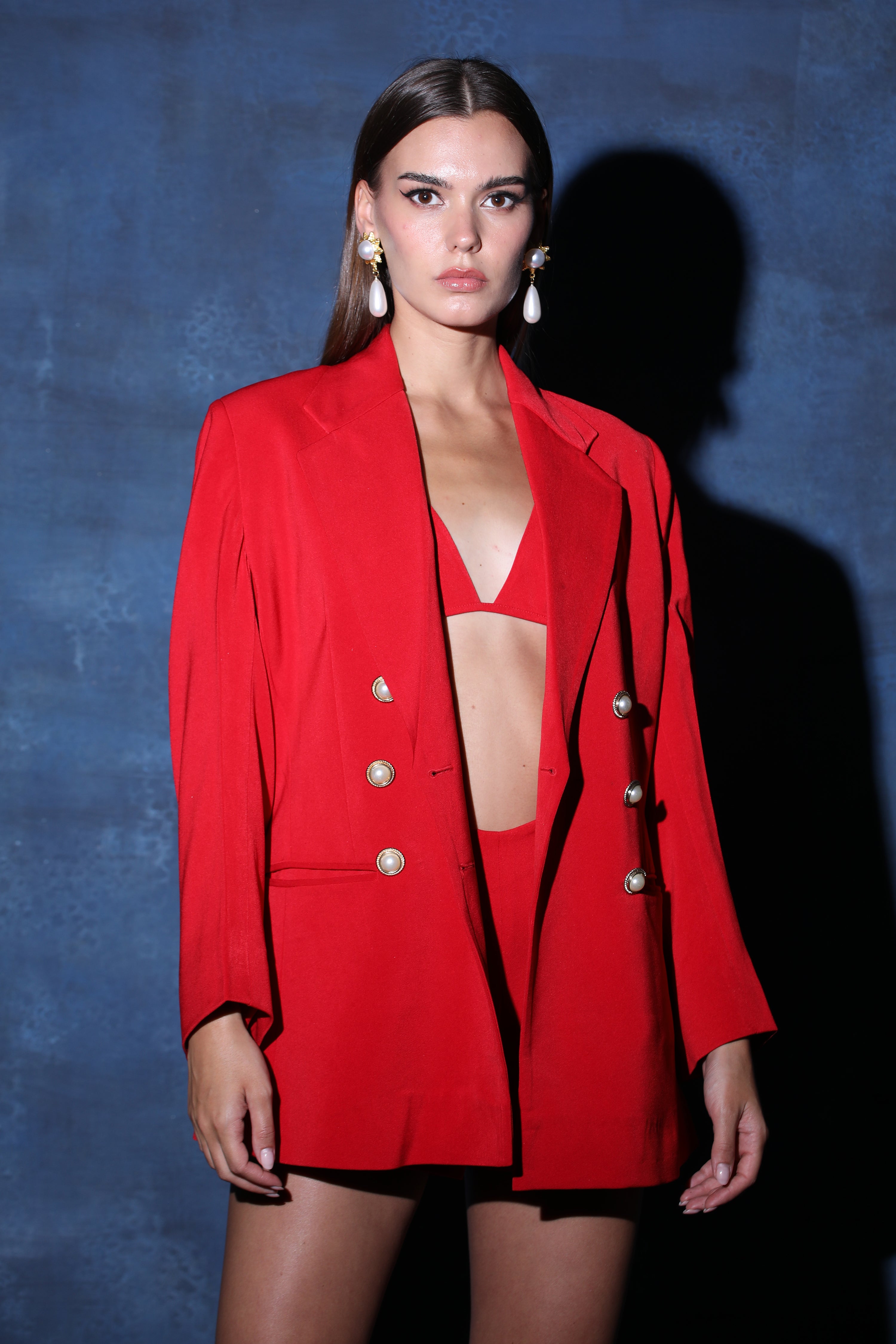 Red Full Sleeve Blazer Set with Bikini Top & Shorts