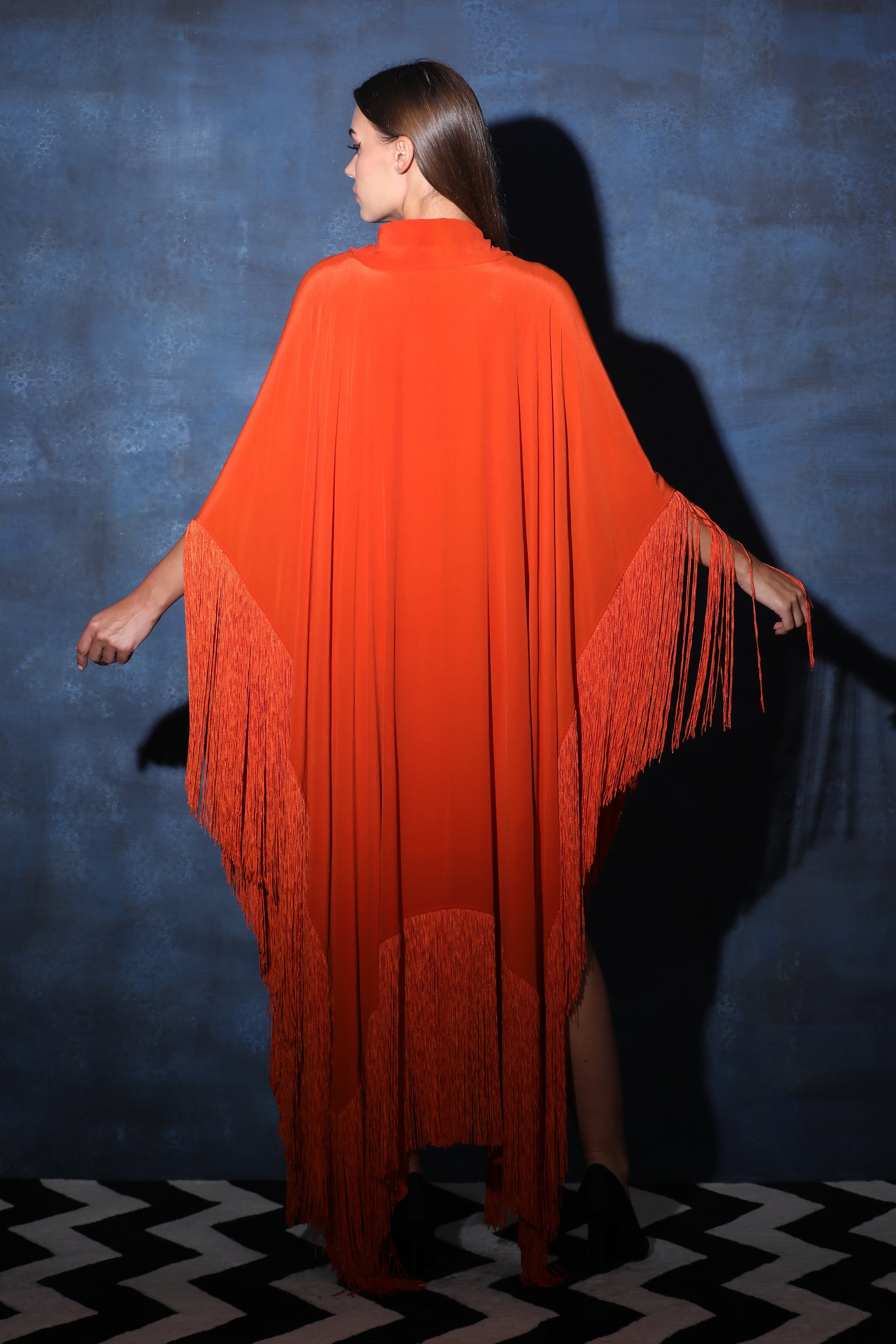 Scarf Collar V Neck Kaftan Asymmetrical Dress with Fringes