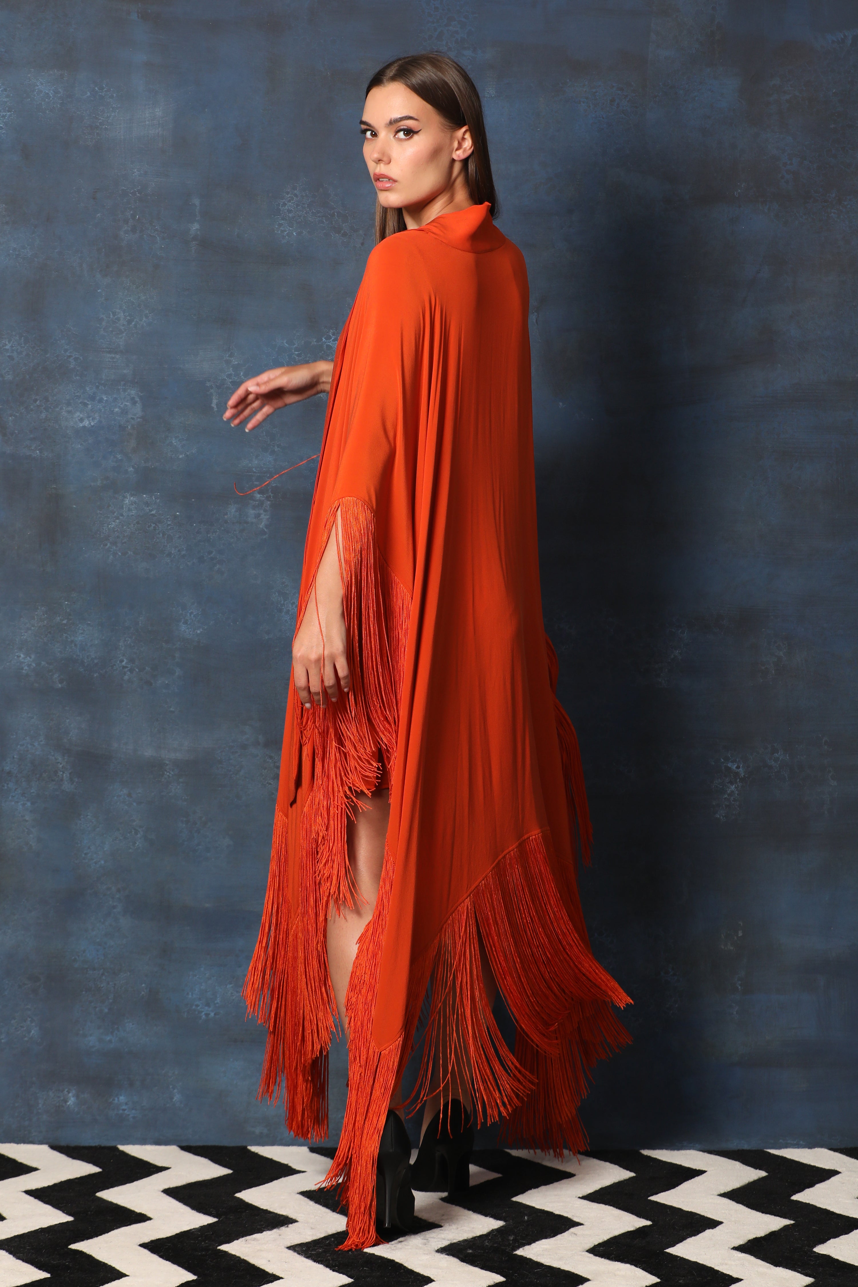 Scarf Collar V Neck Kaftan Asymmetrical Dress with Fringes