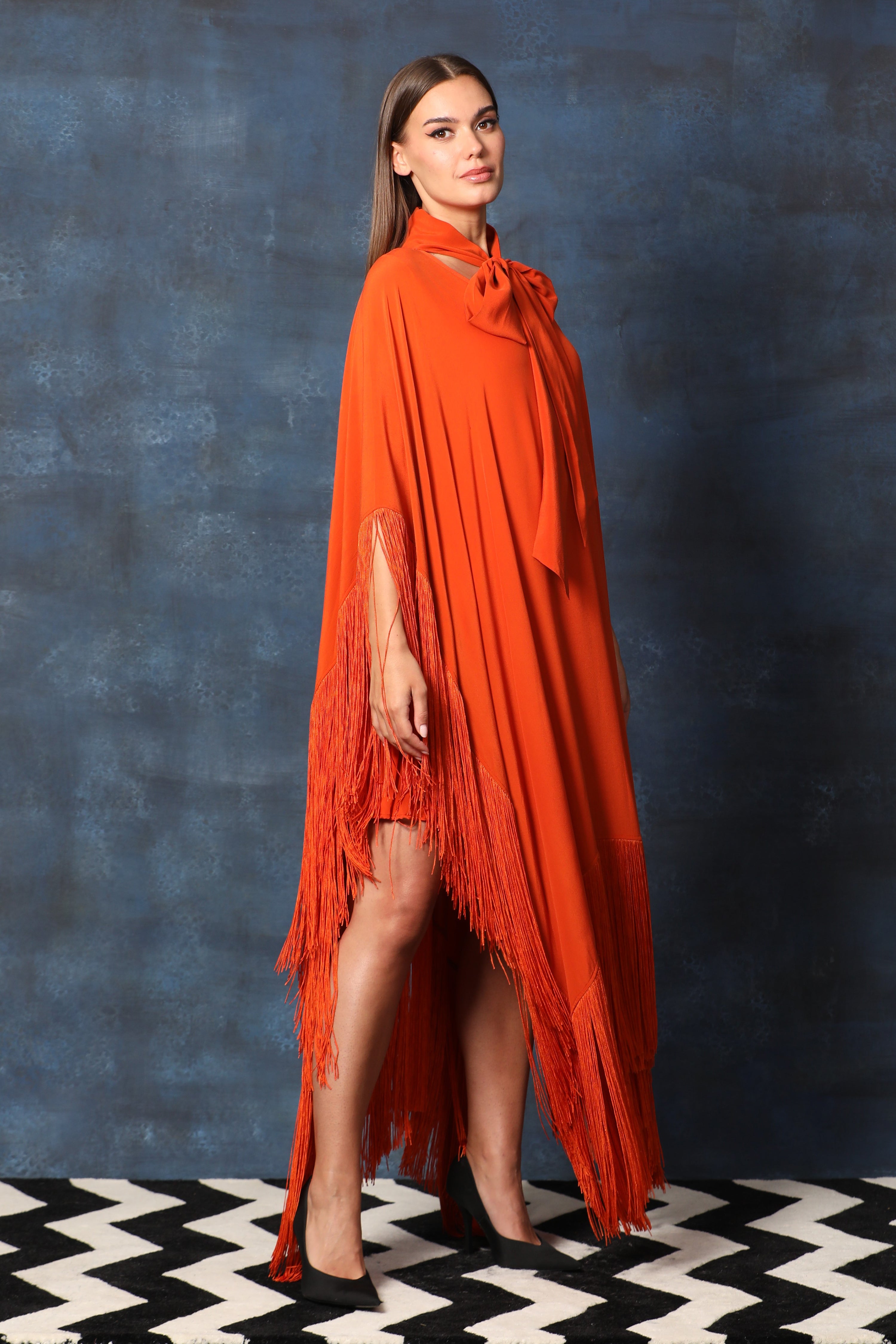 Scarf Collar V Neck Kaftan Asymmetrical Dress with Fringes