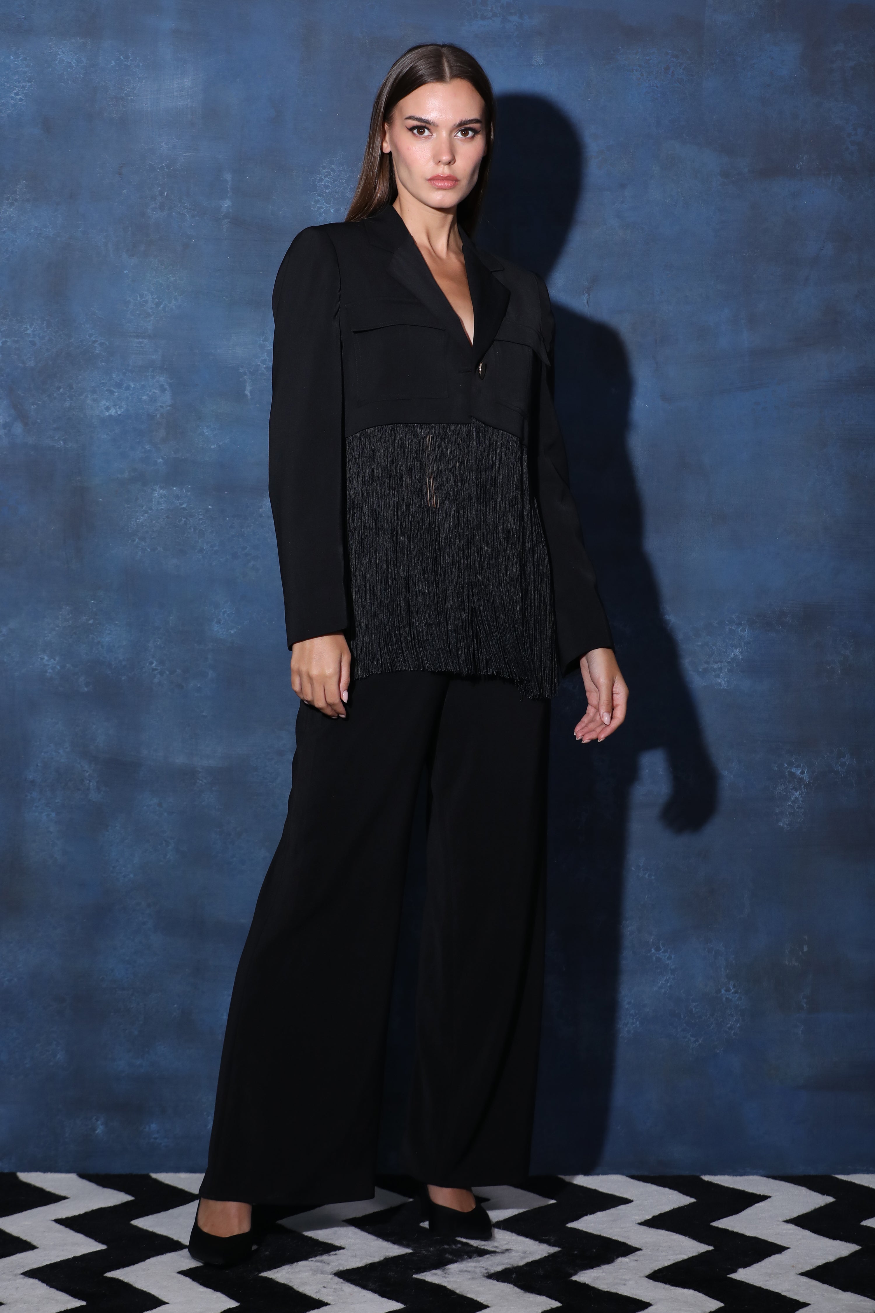 Black Full Sleeve Crop Jacket with Fringes