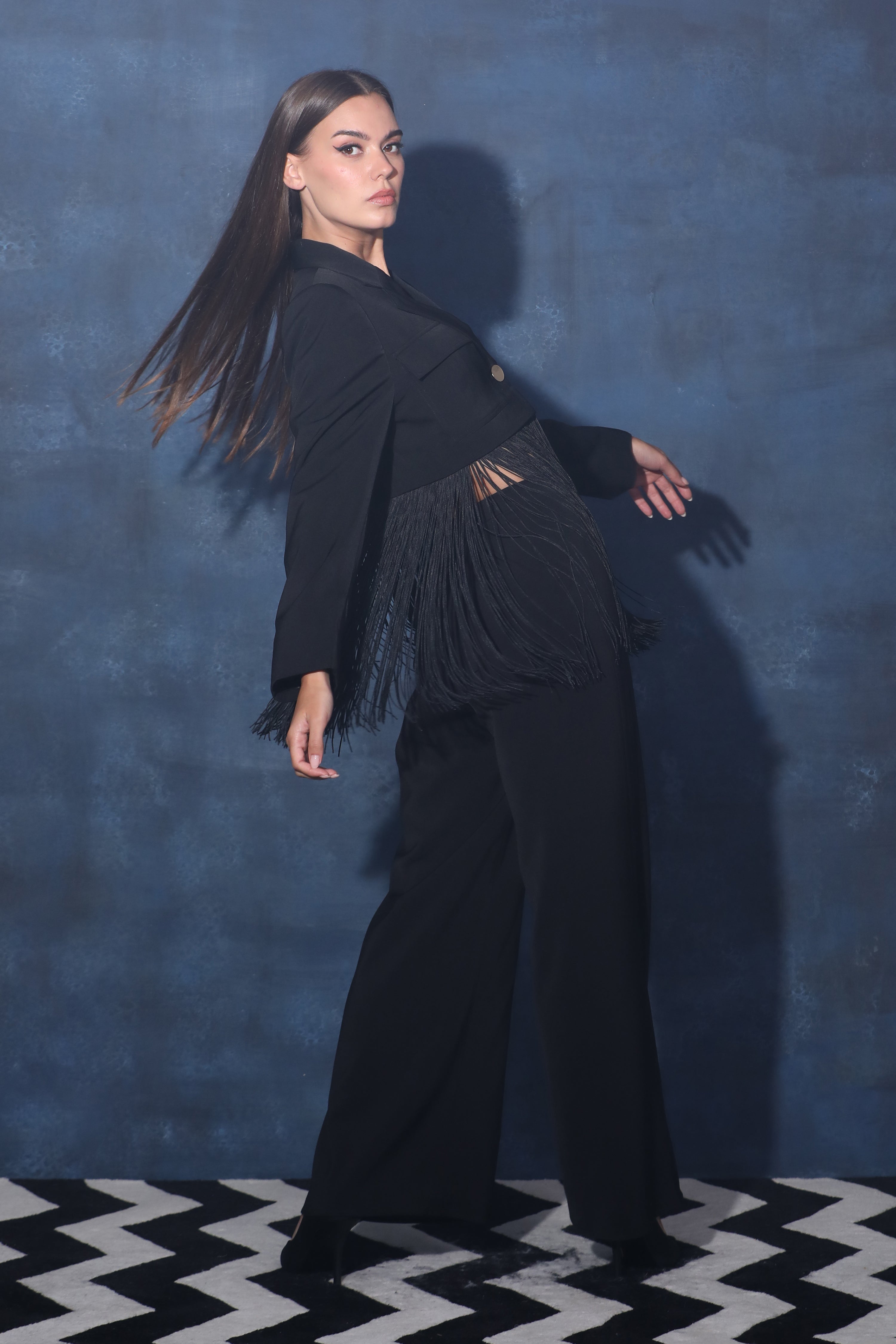 Black Full Sleeve Crop Jacket with Fringes