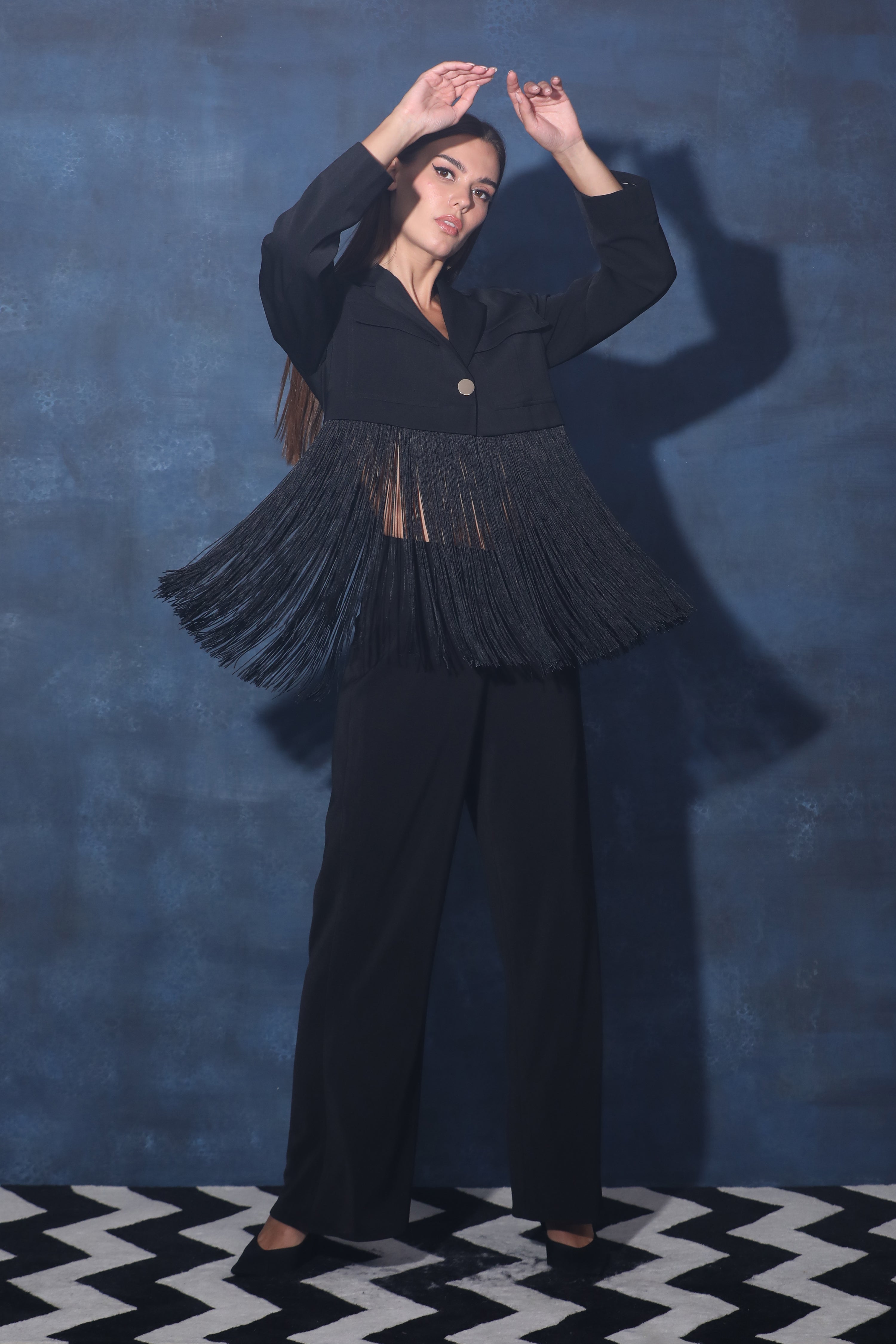 Black Full Sleeve Crop Jacket with Fringes