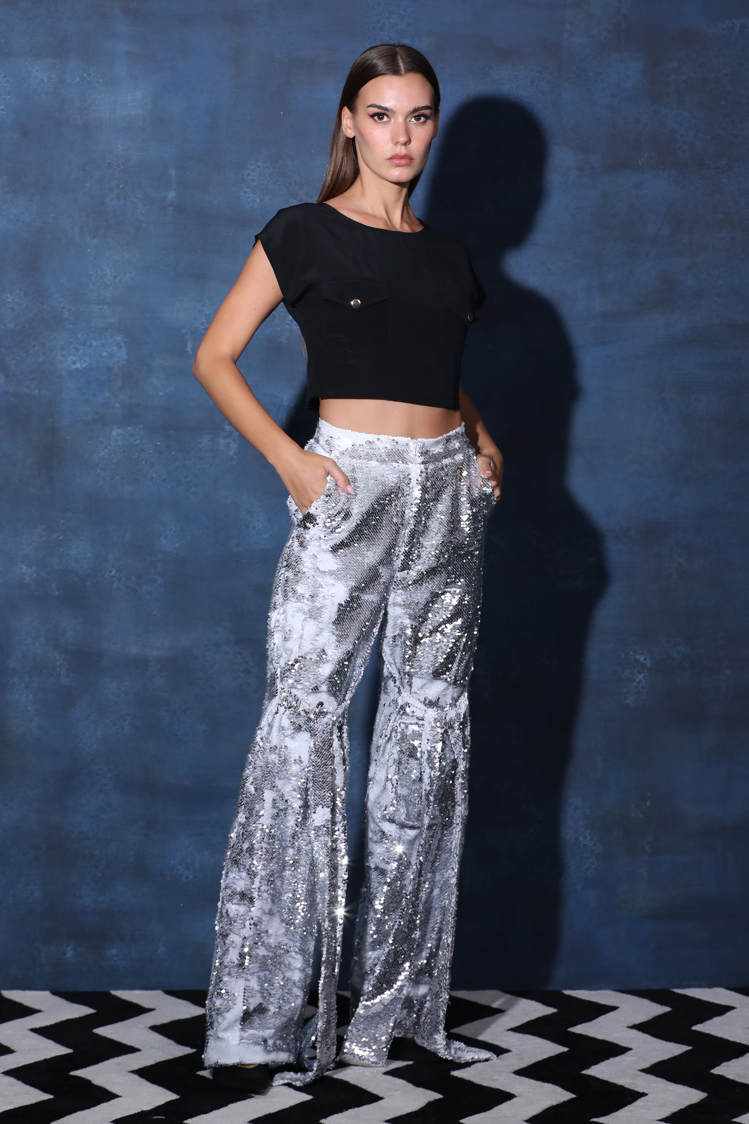 Black Crop Top with Silver Sequence Cargo Pants