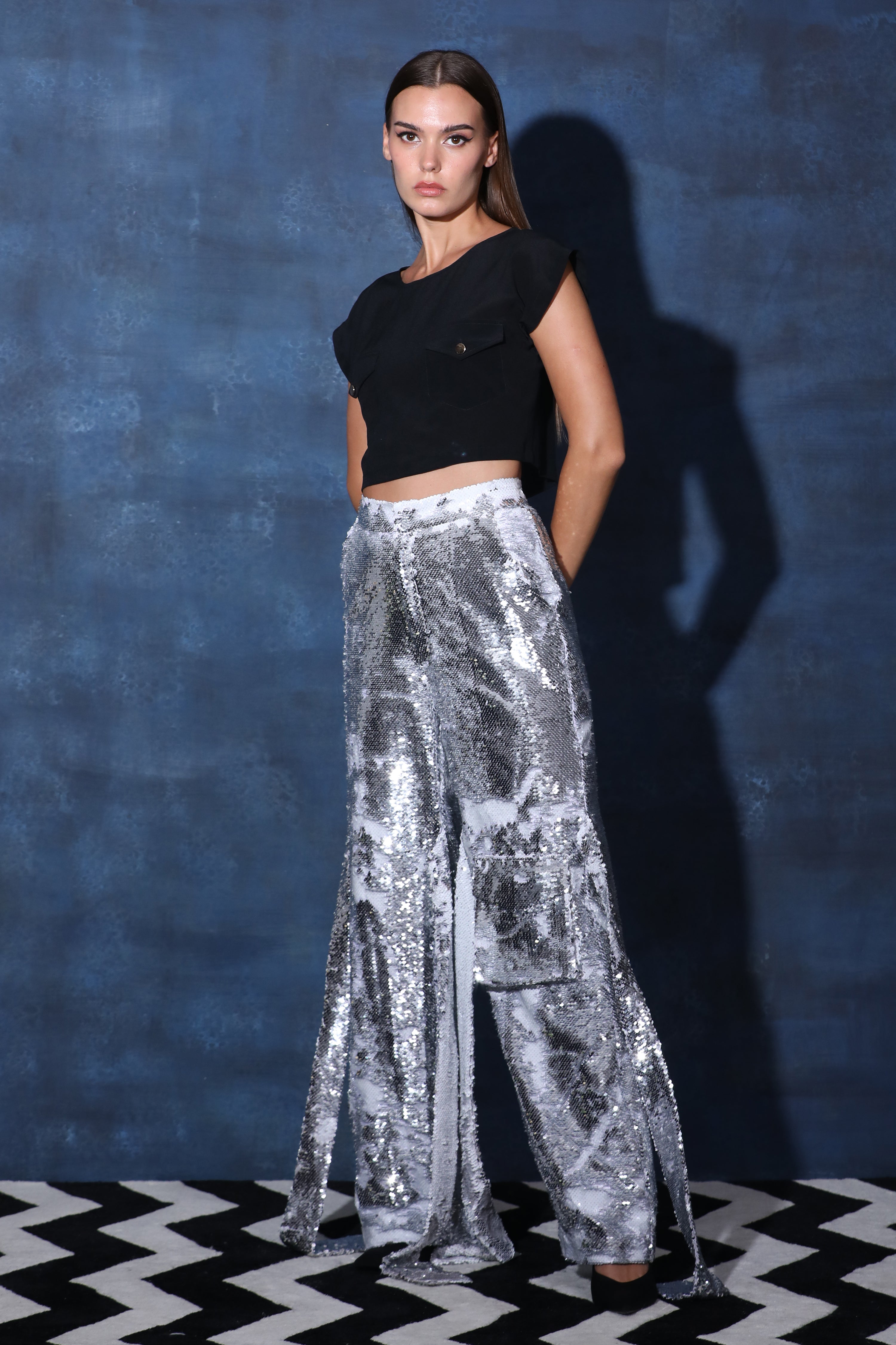 Black Crop Top with Silver Sequence Cargo Pants