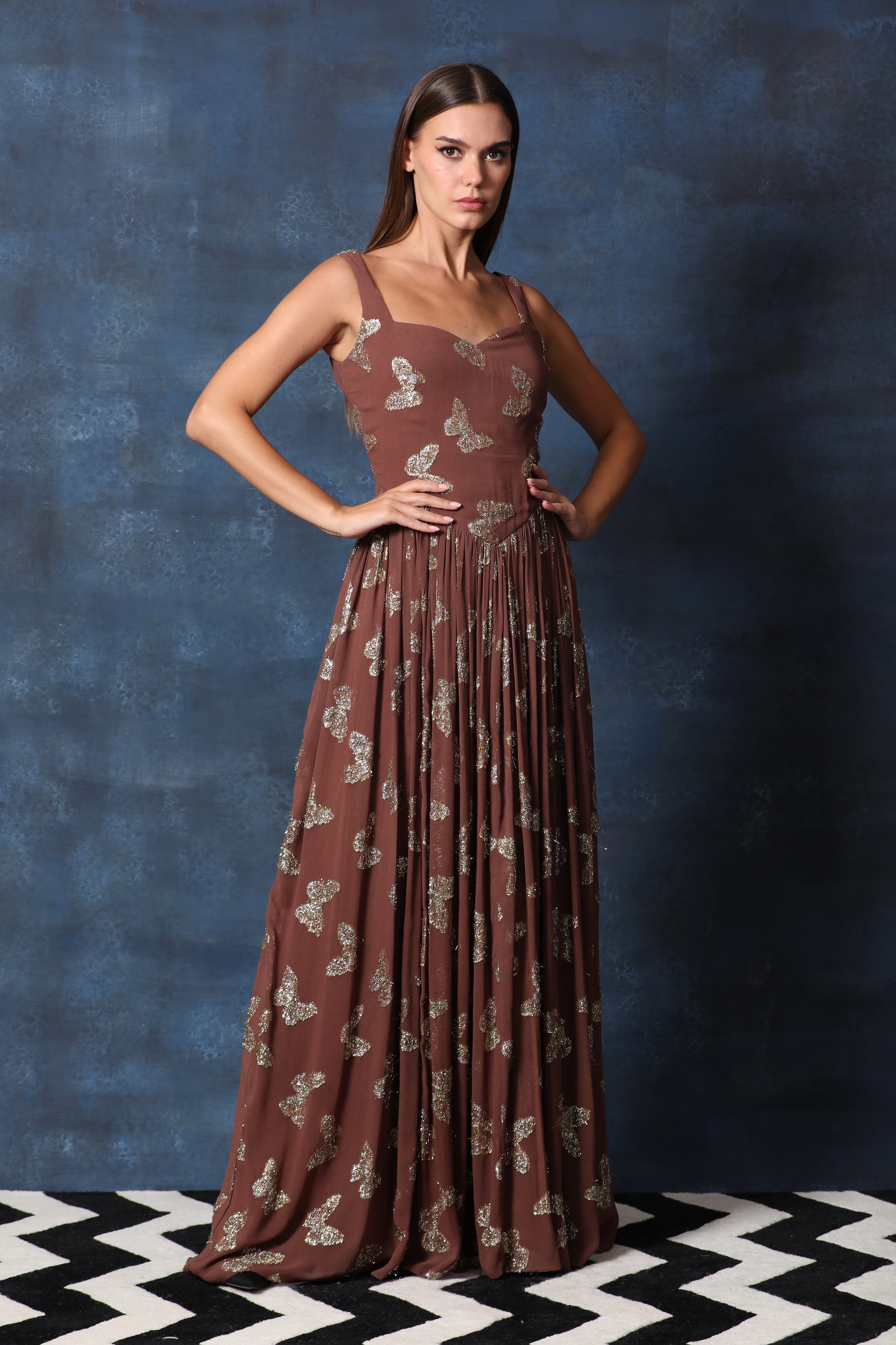Mud Brown Sweetheart Neck Georgette Lurex Gown