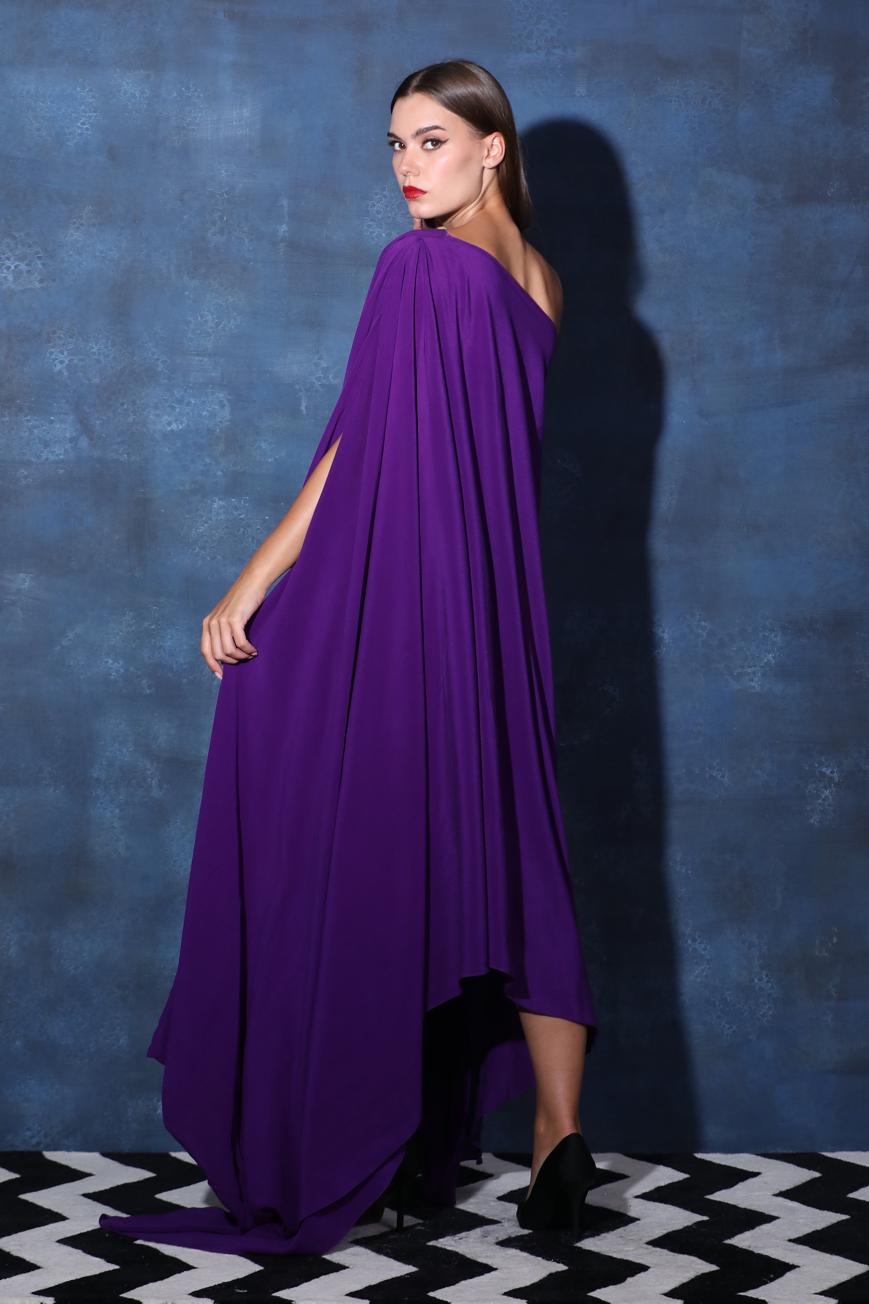 One Shoulder Purple Kaftan Dress