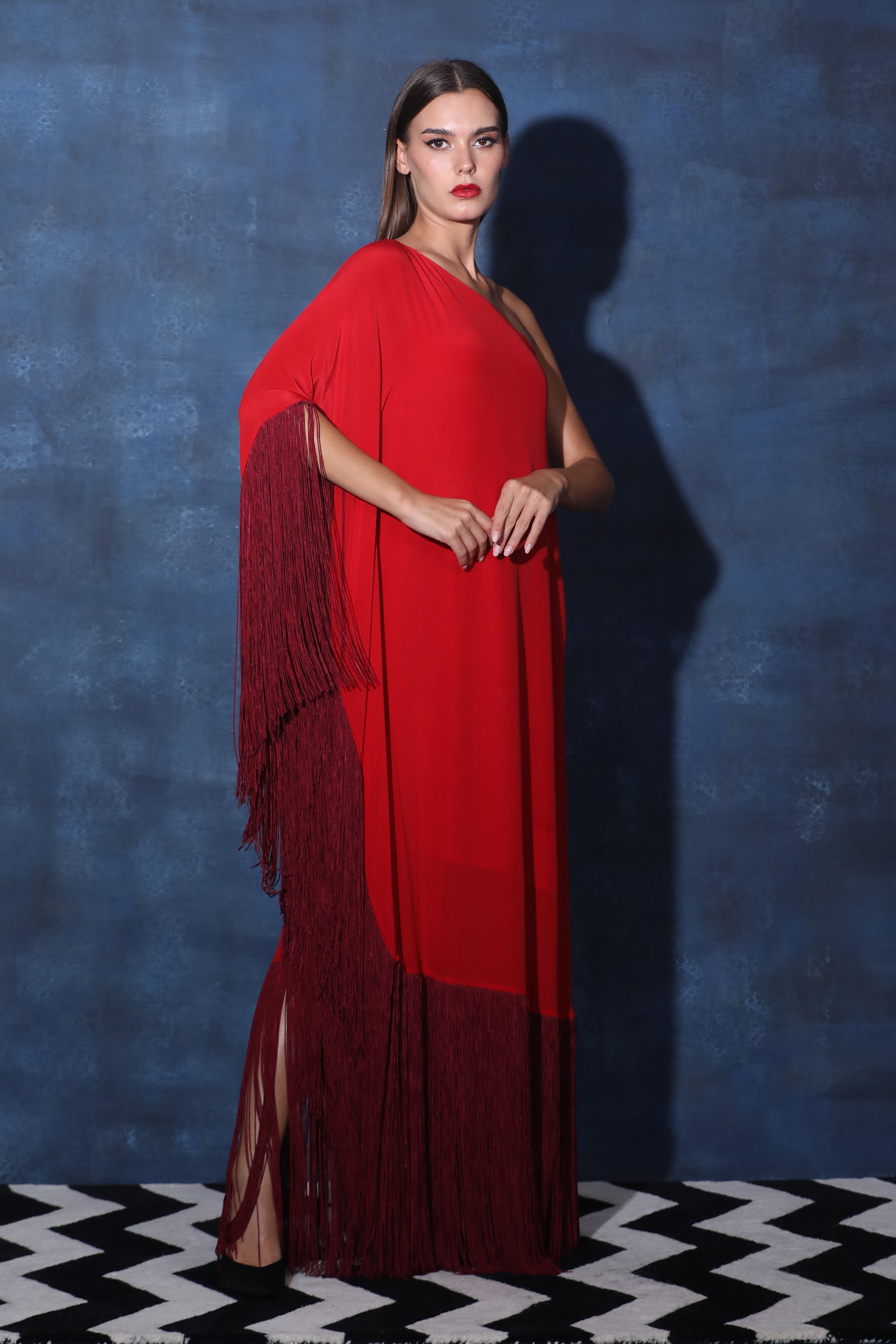 One Shoulder Red Kaftan Dress with Fringes