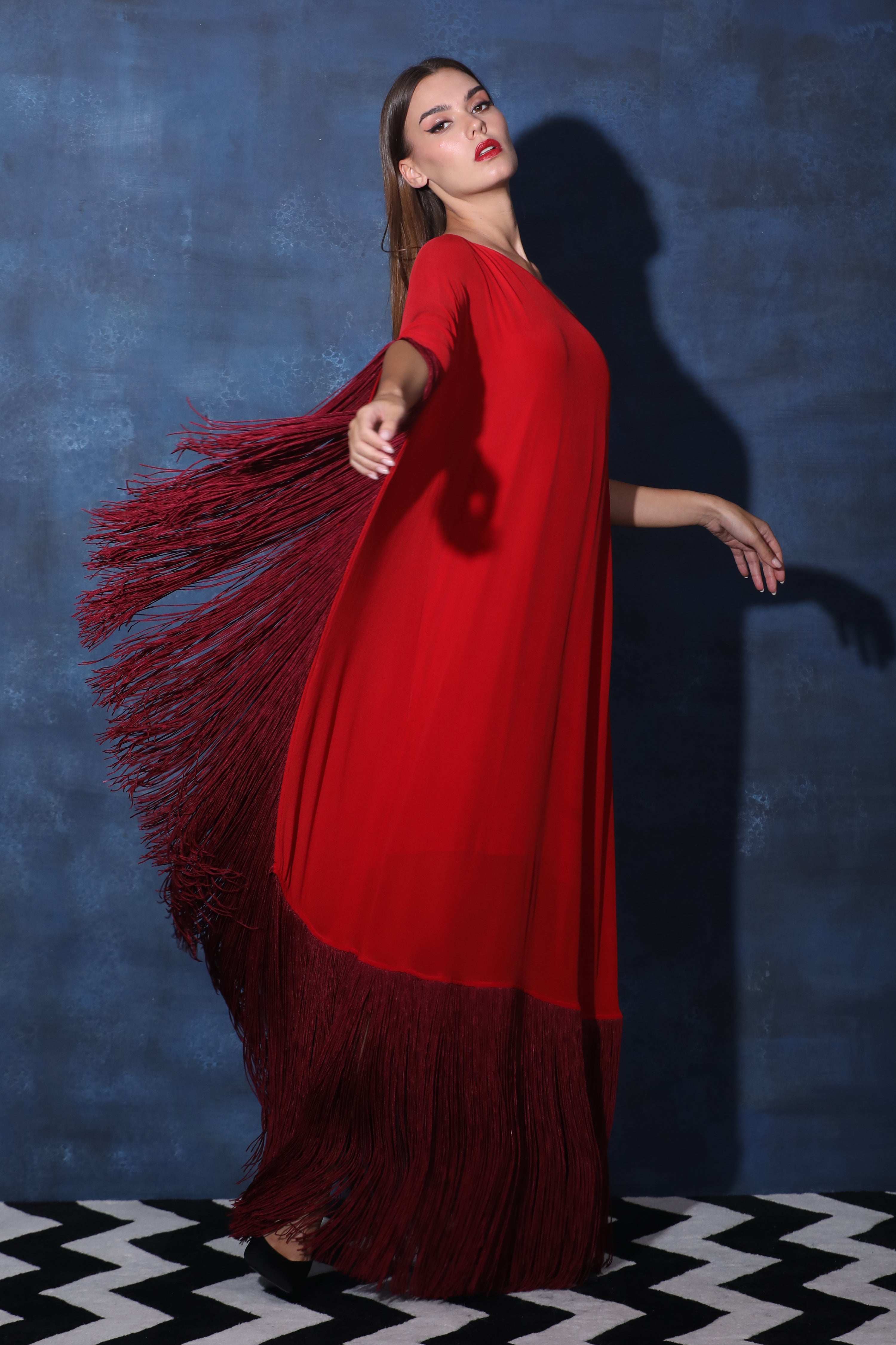 One Shoulder Red Kaftan Dress with Fringes