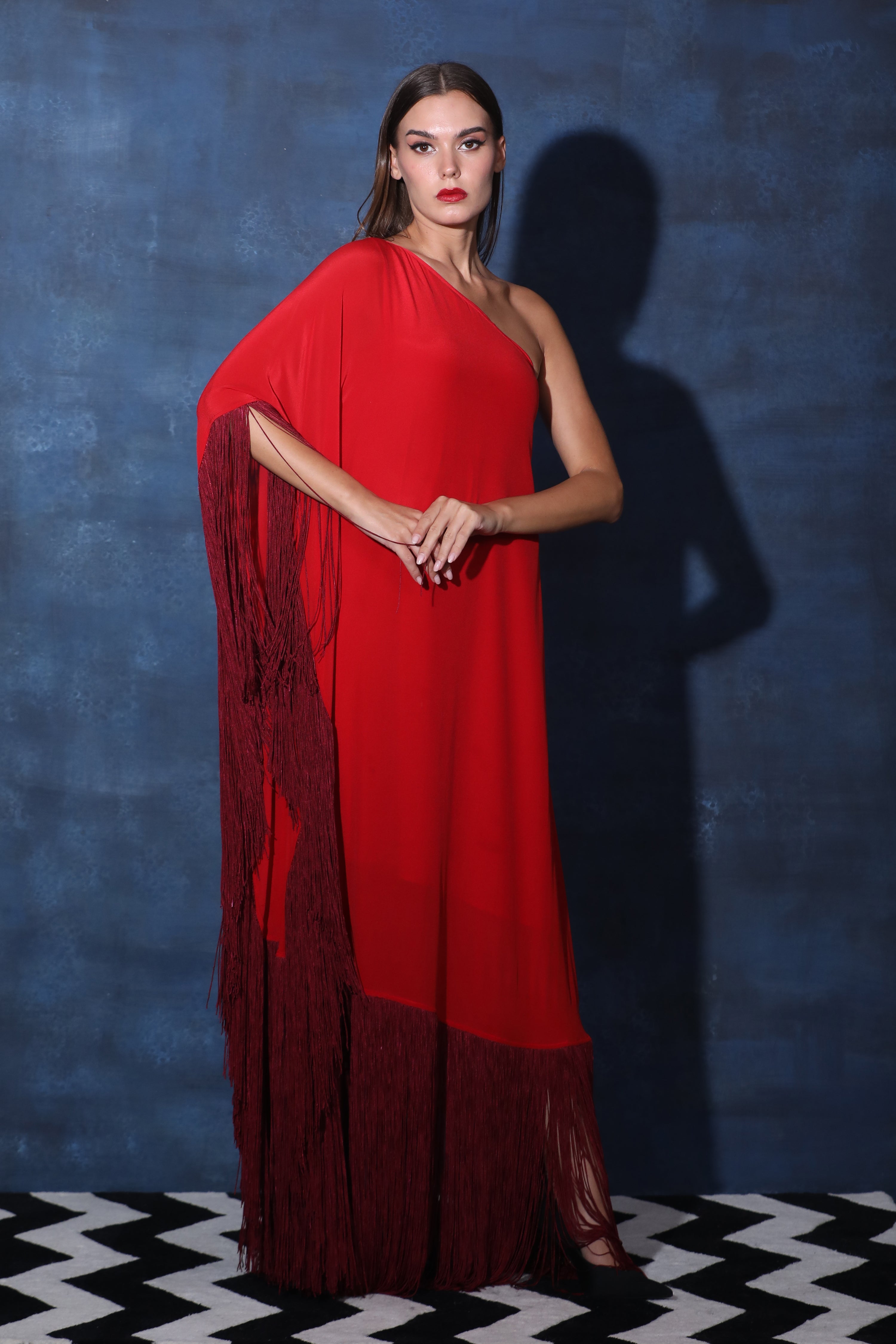 One Shoulder Red Kaftan Dress with Fringes