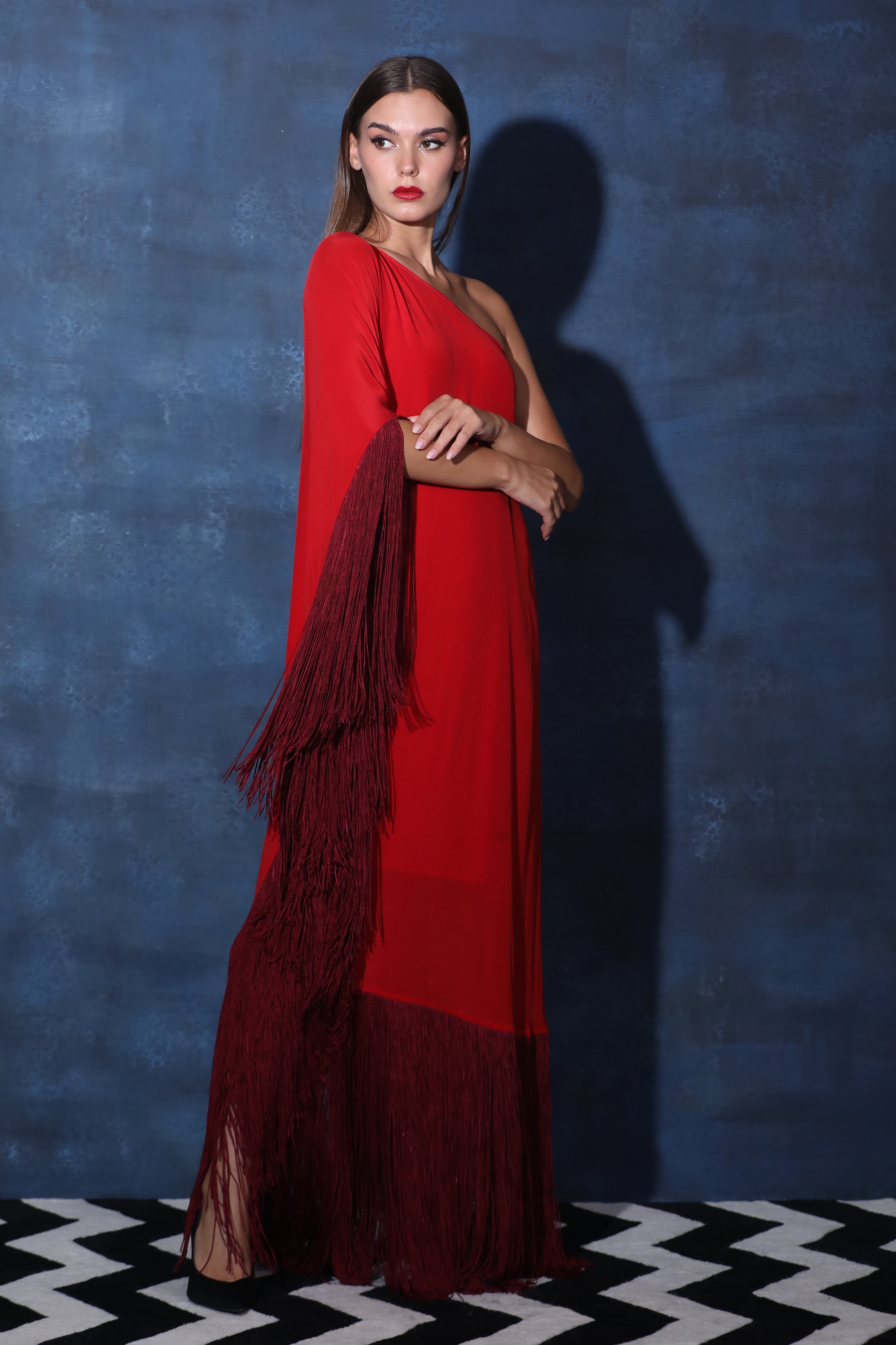 One Shoulder Red Kaftan Dress with Fringes
