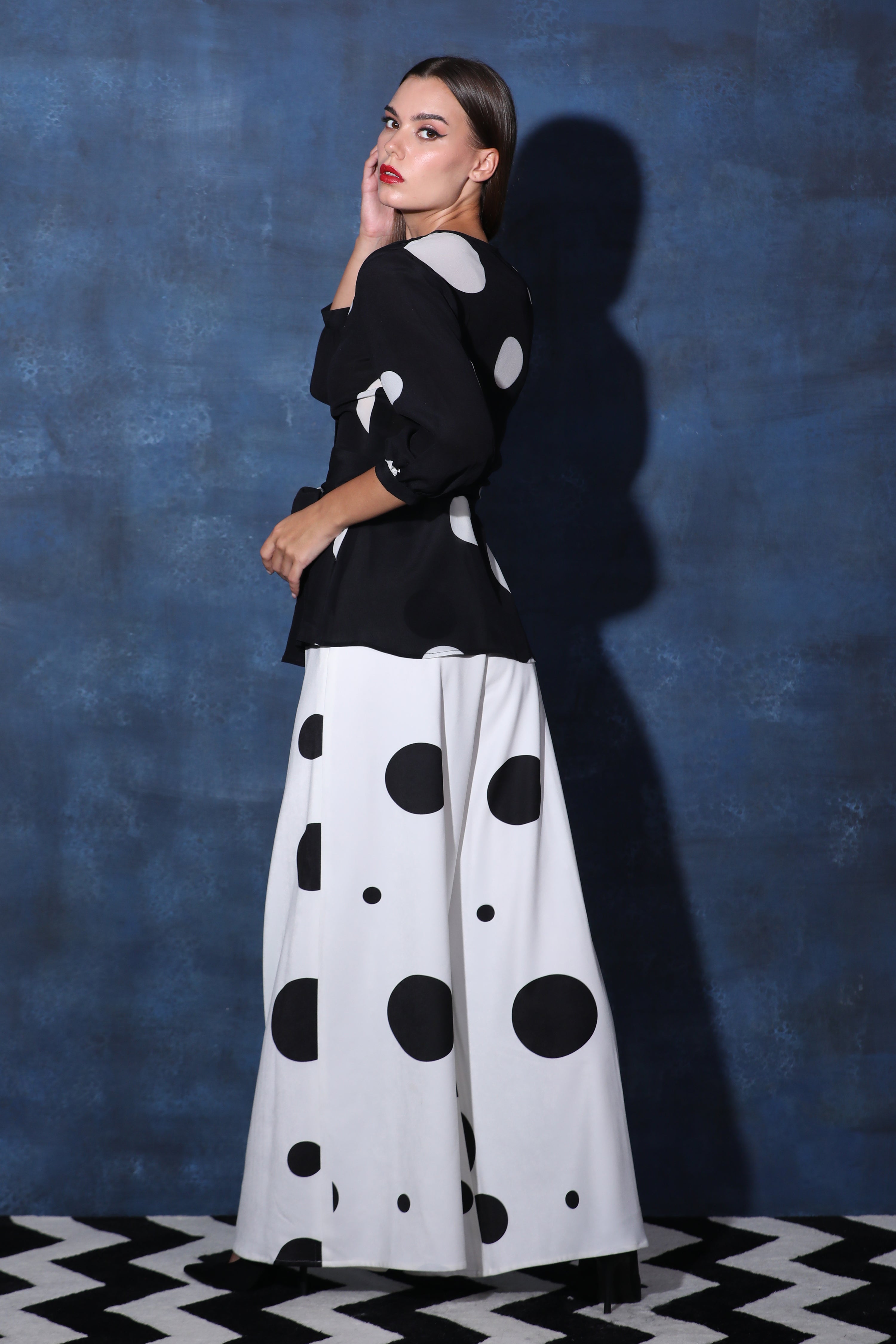 Wrap Black & White Polka Top with Pouf Sleeves & White Flared Pants