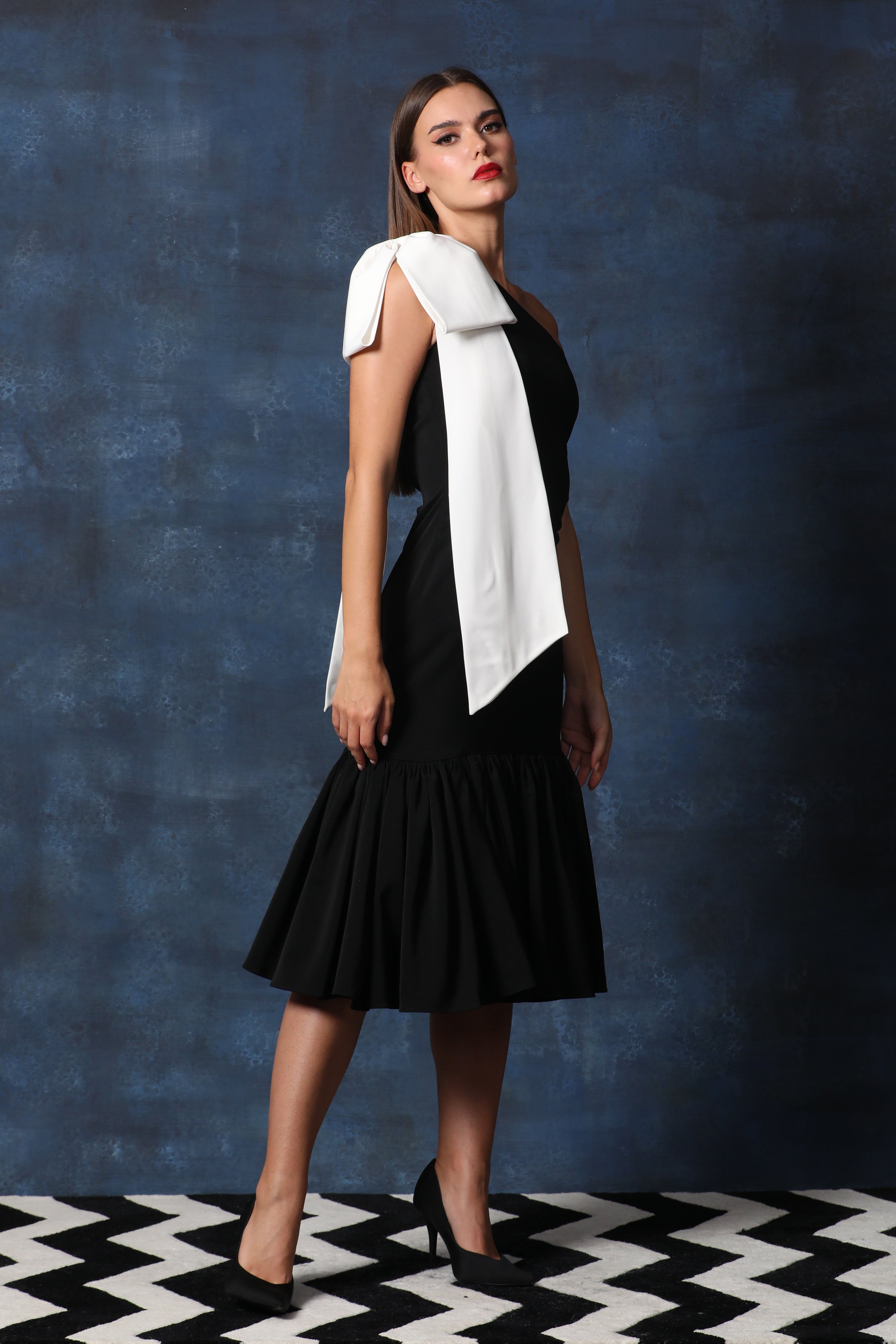 One Shoulder Dress with Frill Hem & Bow at Shoulder