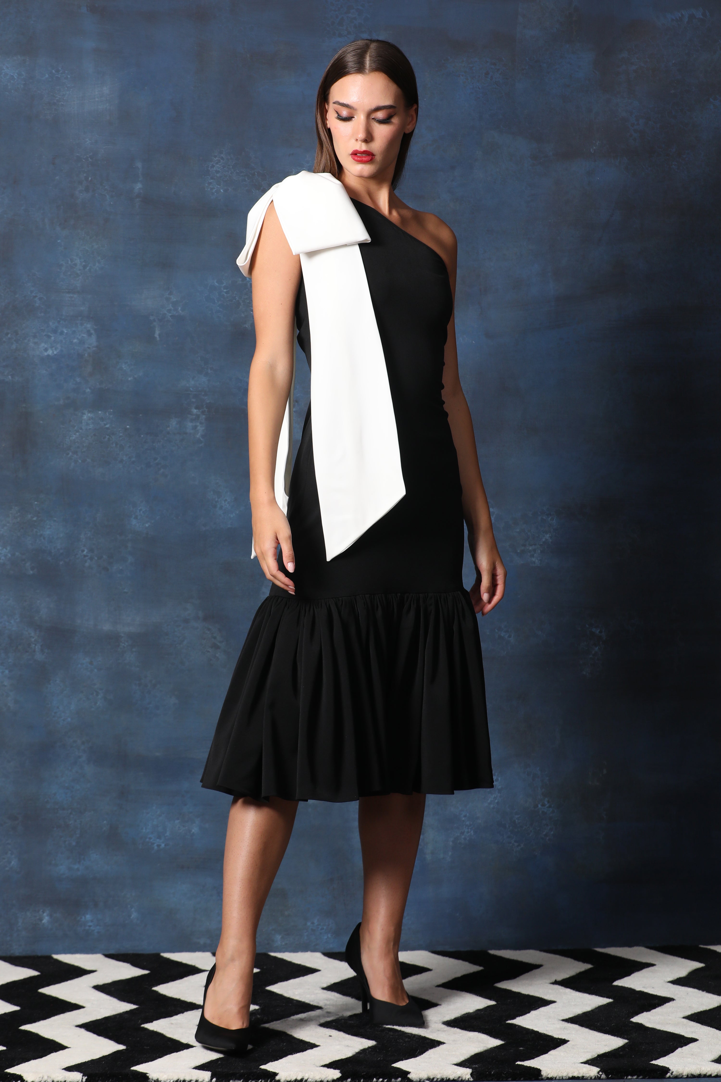 One Shoulder Dress with Frill Hem & Bow at Shoulder