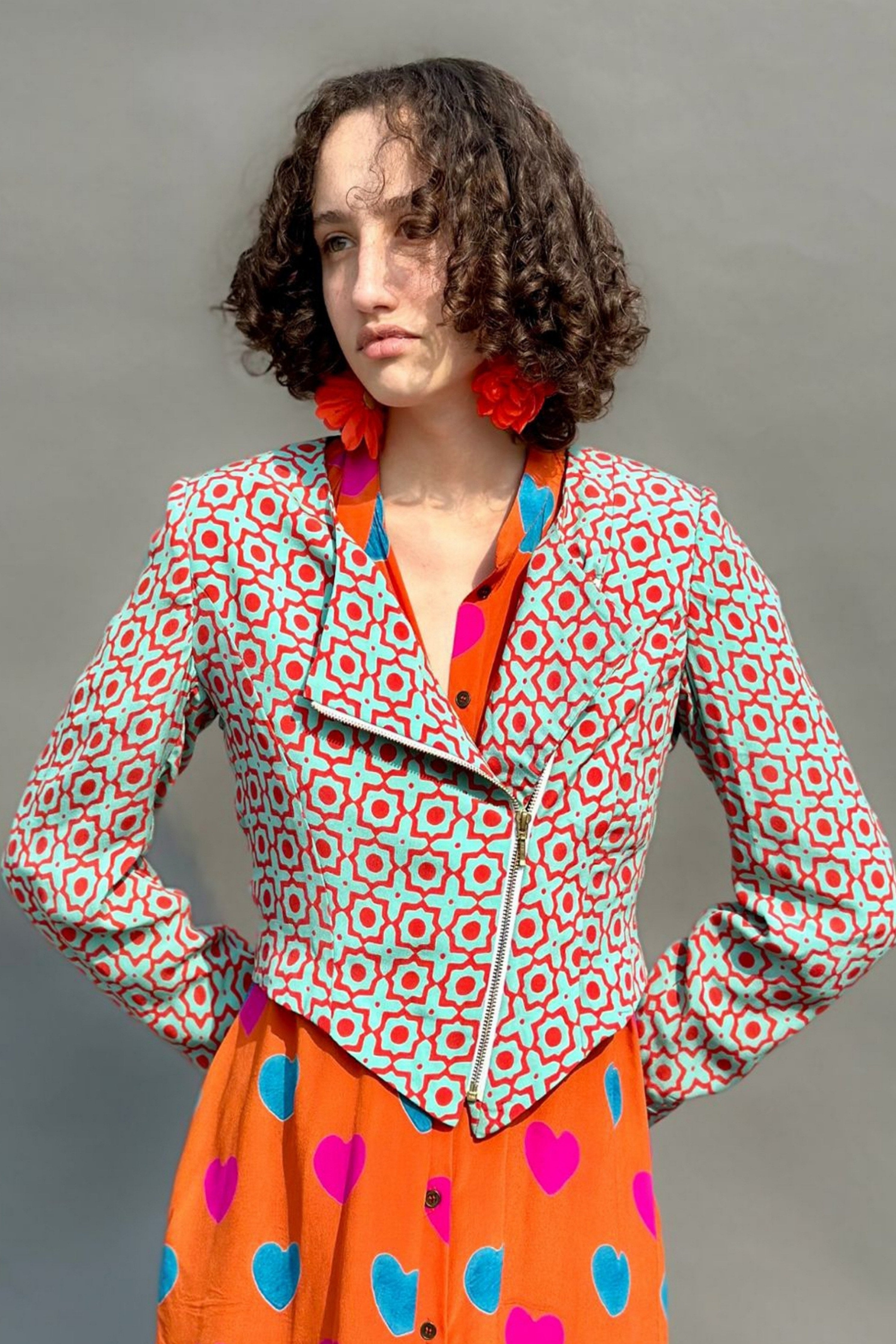 Red & Aqua Honeycomb Print Jacket With Zip Detail