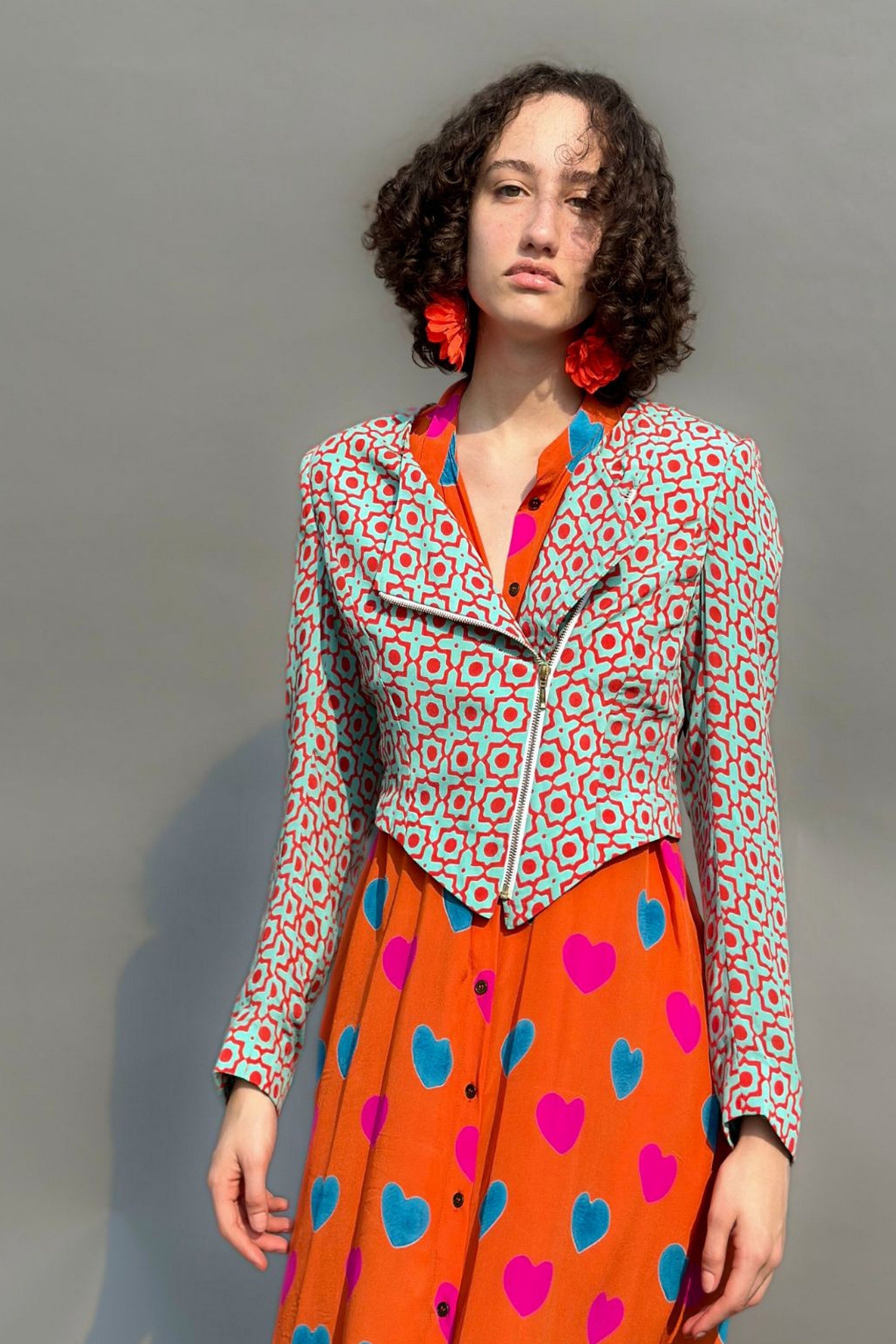 Red & Aqua Honeycomb Print Jacket With Zip Detail