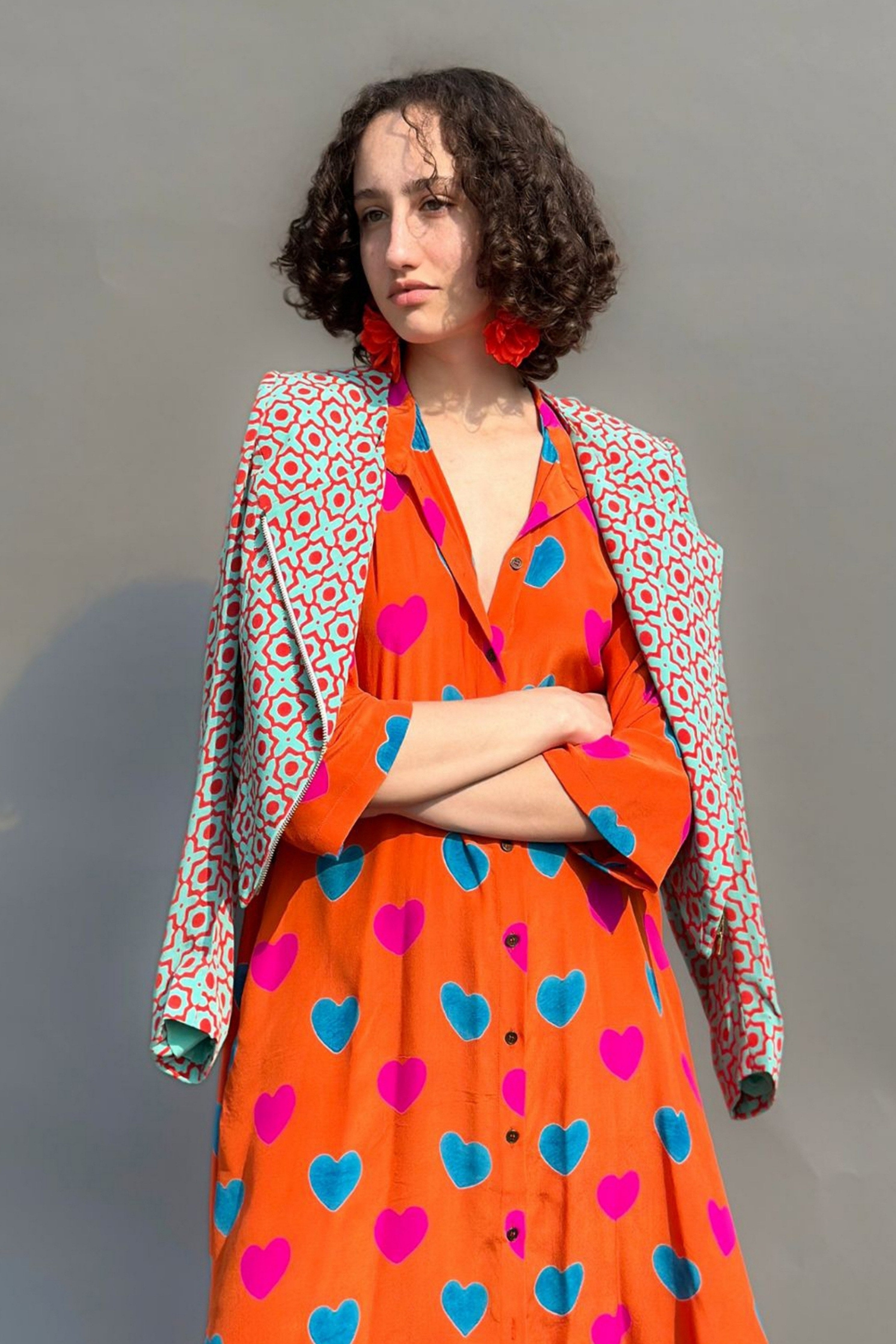 Red & Aqua Honeycomb Print Jacket With Zip Detail