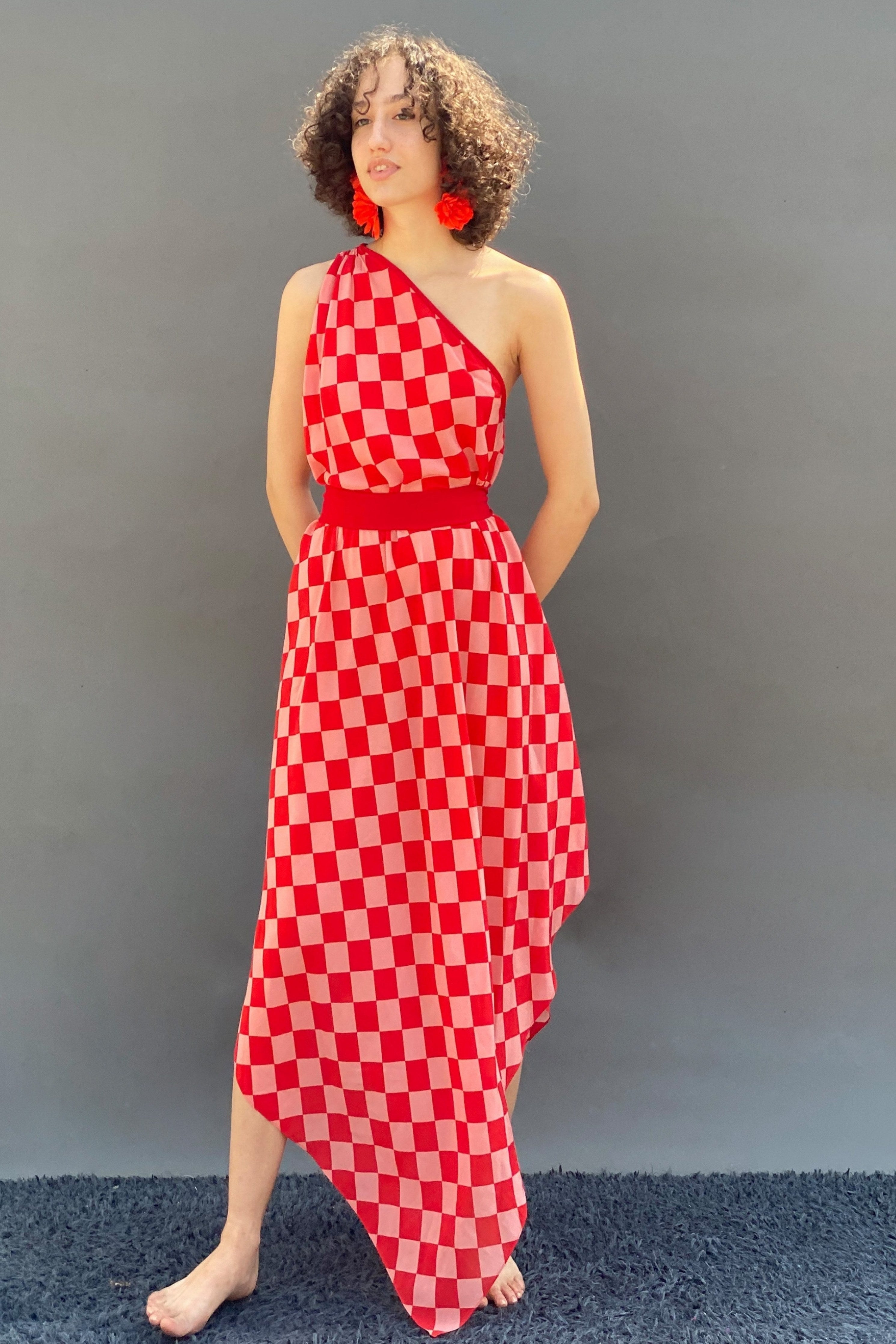 Red & Pink Big Check Print One Shoulder Asym Dress With Belt