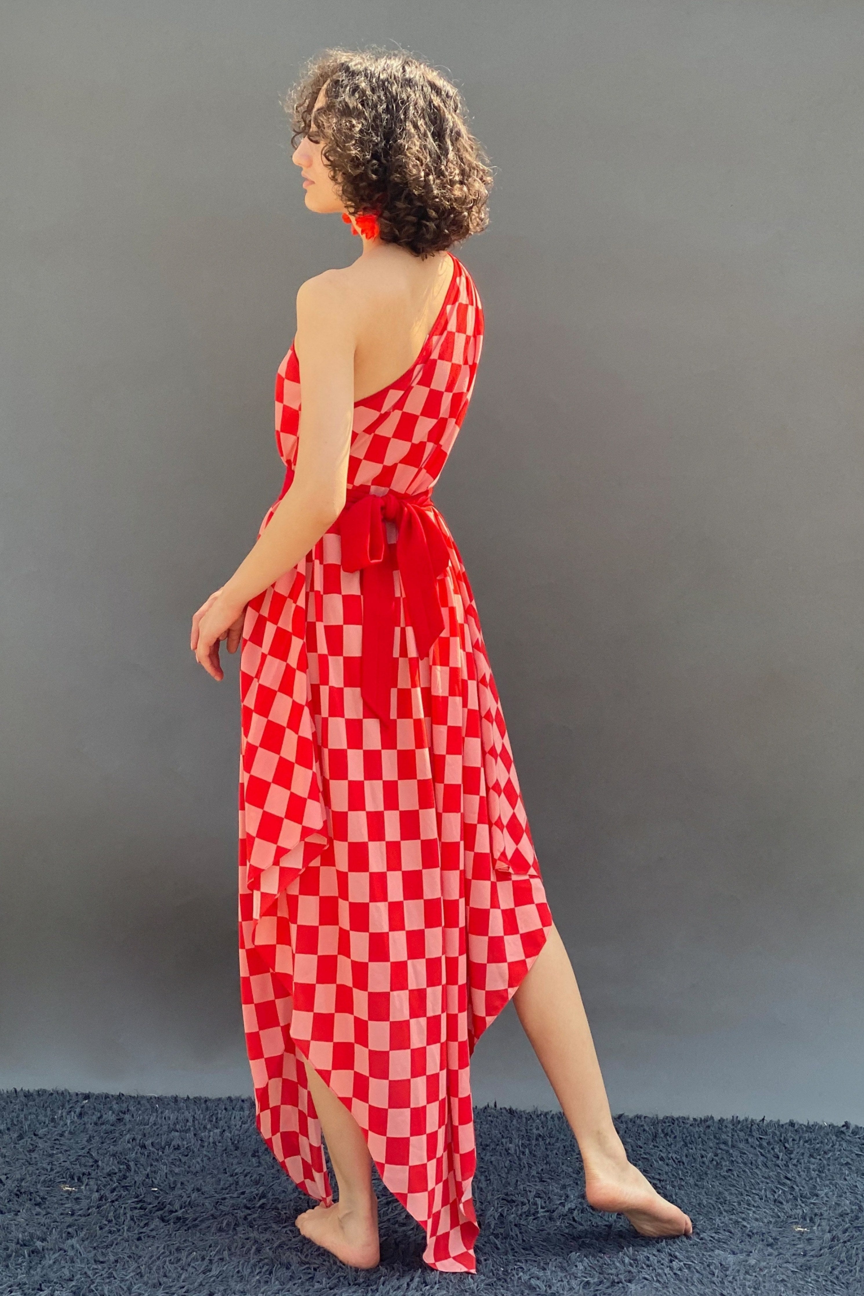Red & Pink Big Check Print One Shoulder Asym Dress With Belt