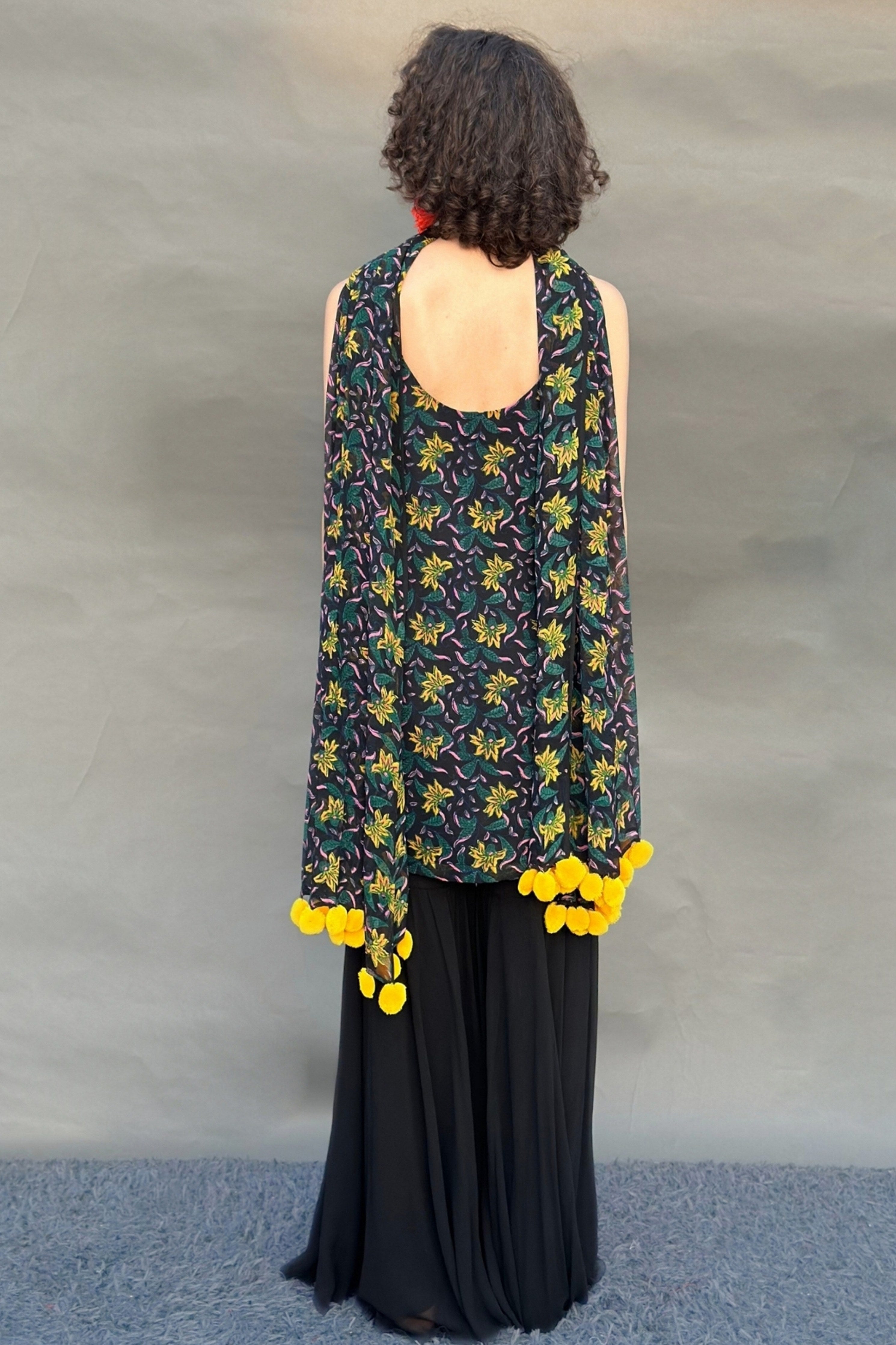 Black & Yellow Block Print Strappy Kurta Sharara Set