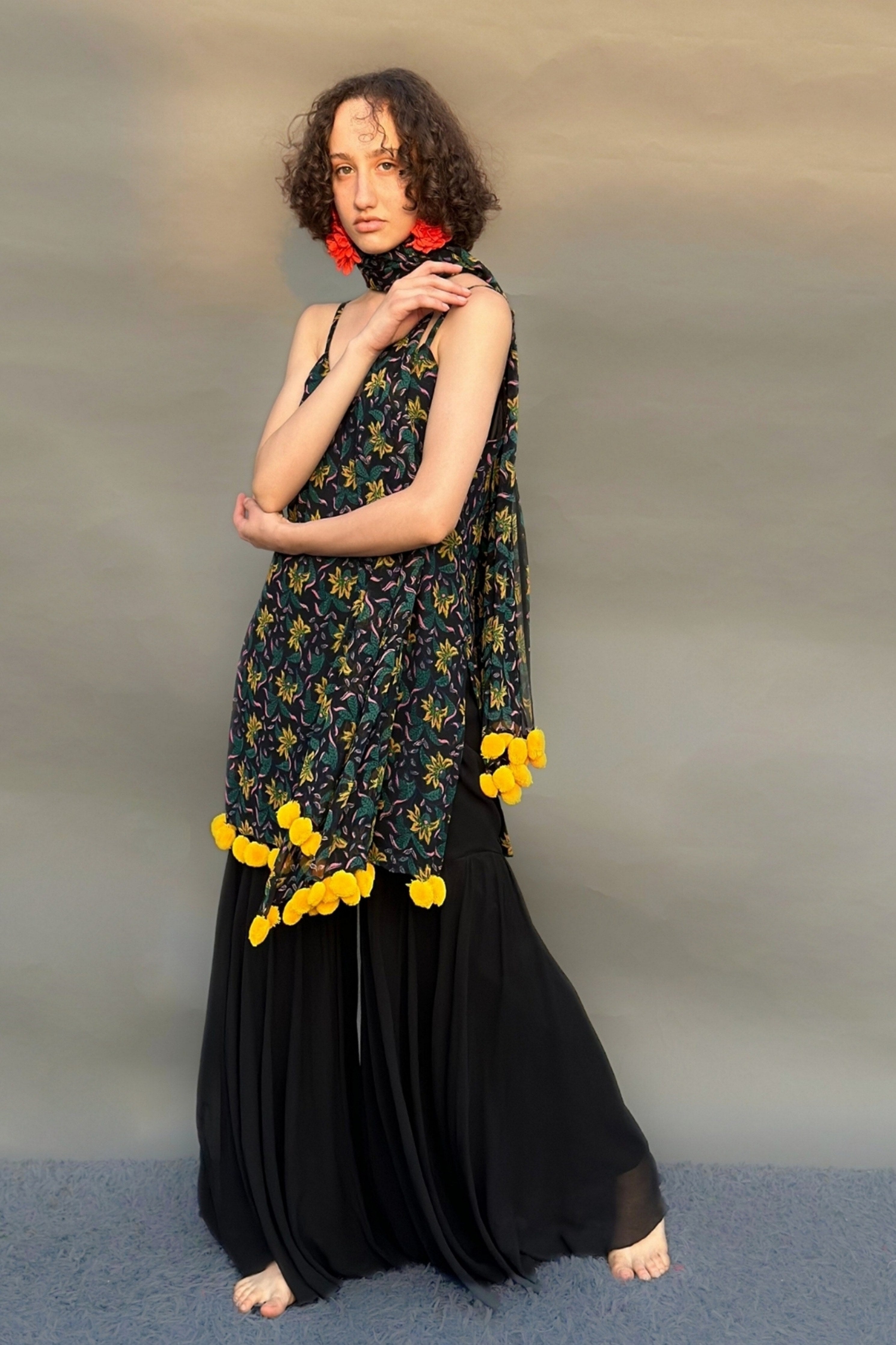 Black & Yellow Block Print Strappy Kurta Sharara Set