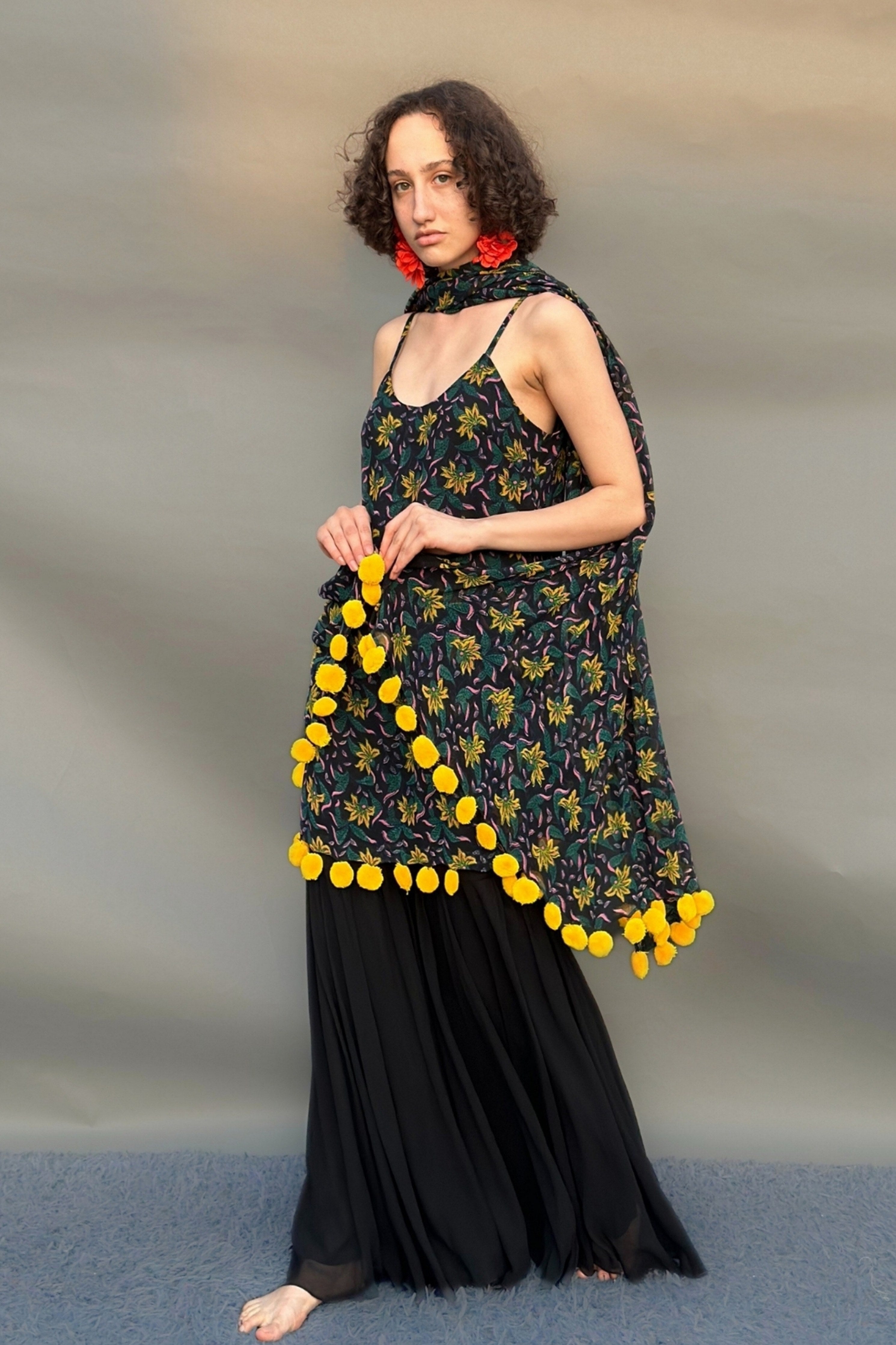 Black & Yellow Block Print Strappy Kurta Sharara Set