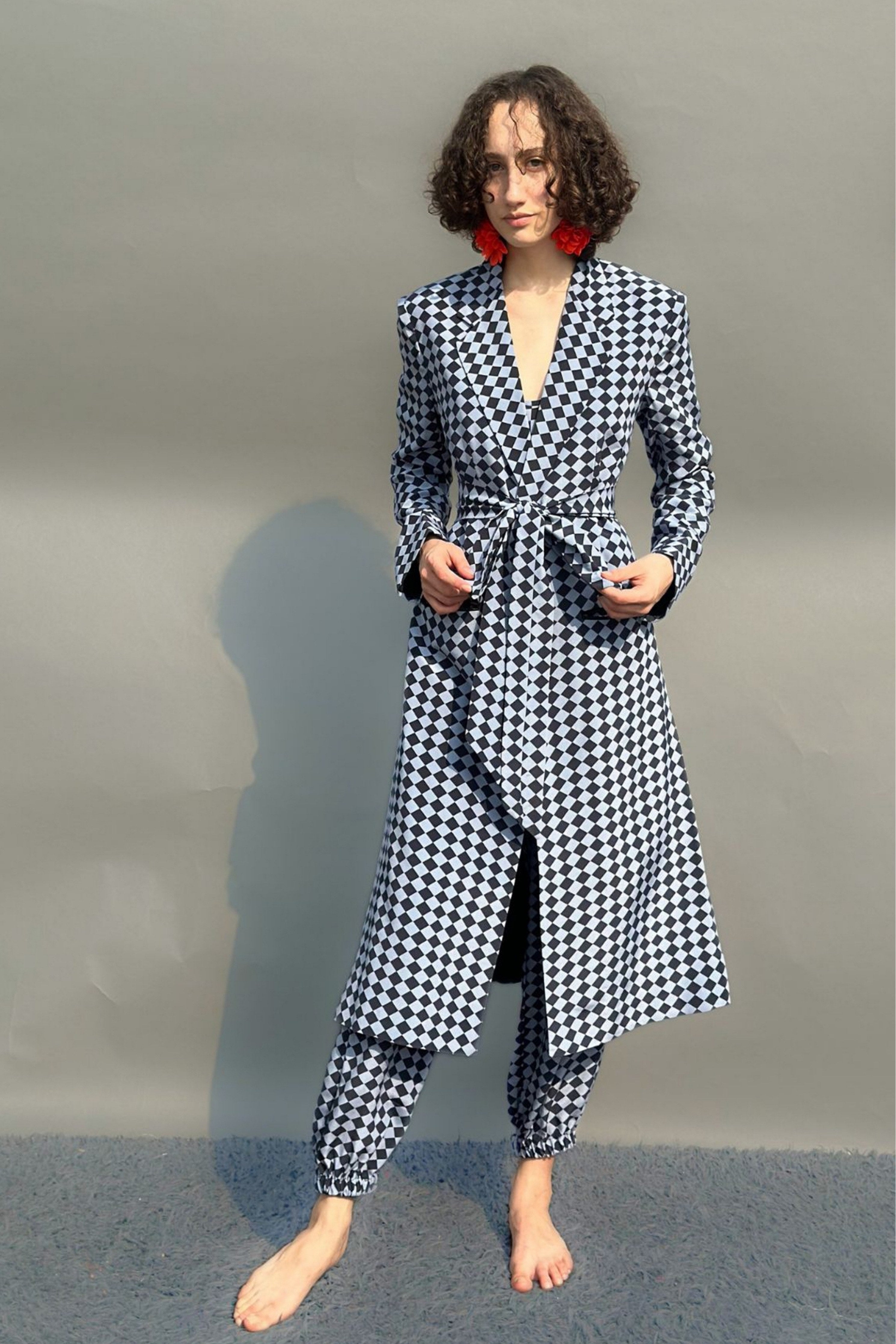 Black & Grey Trench With Camisole, Belt & Balloon Pants