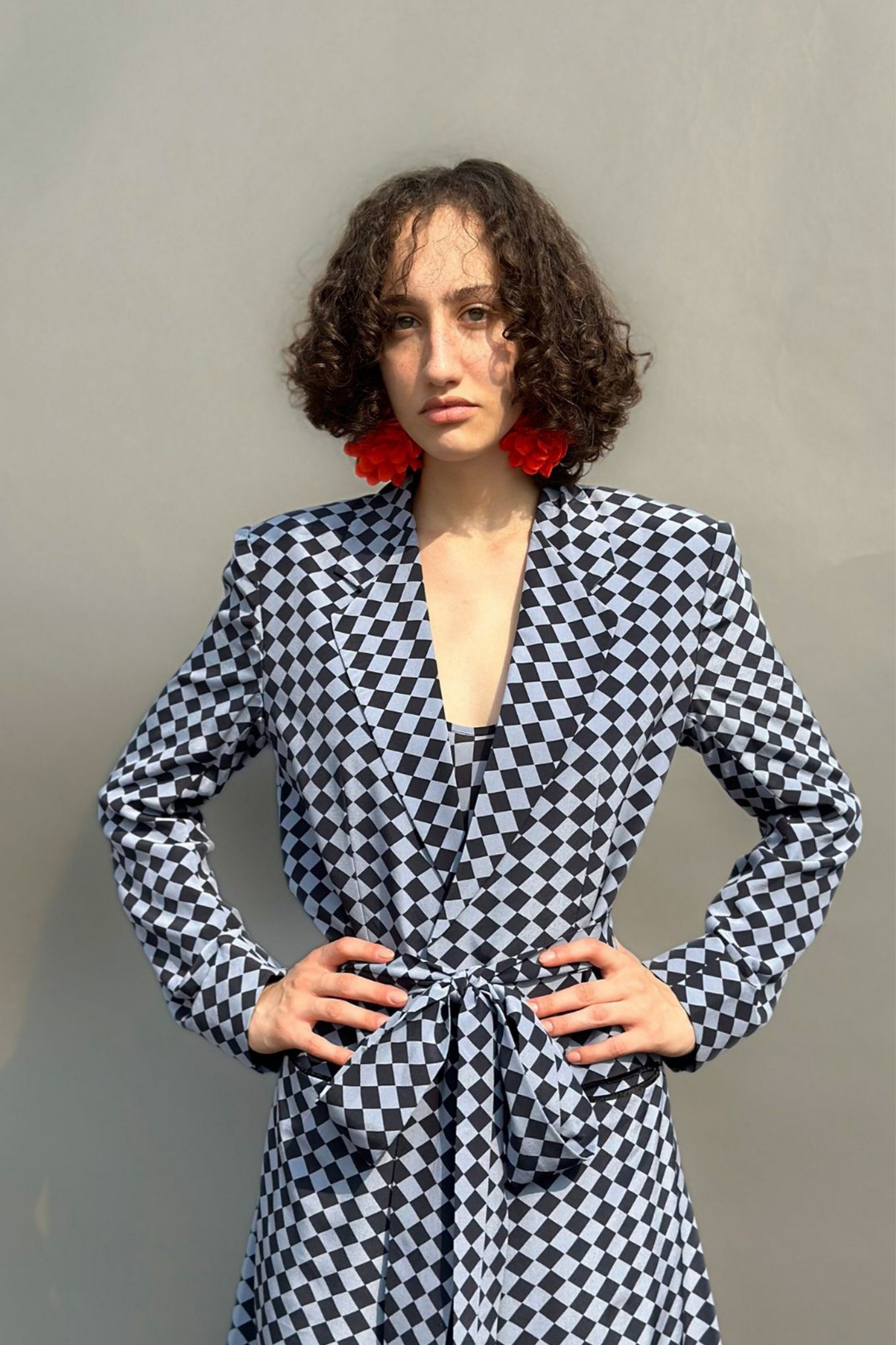 Black & Grey Trench With Camisole, Belt & Balloon Pants