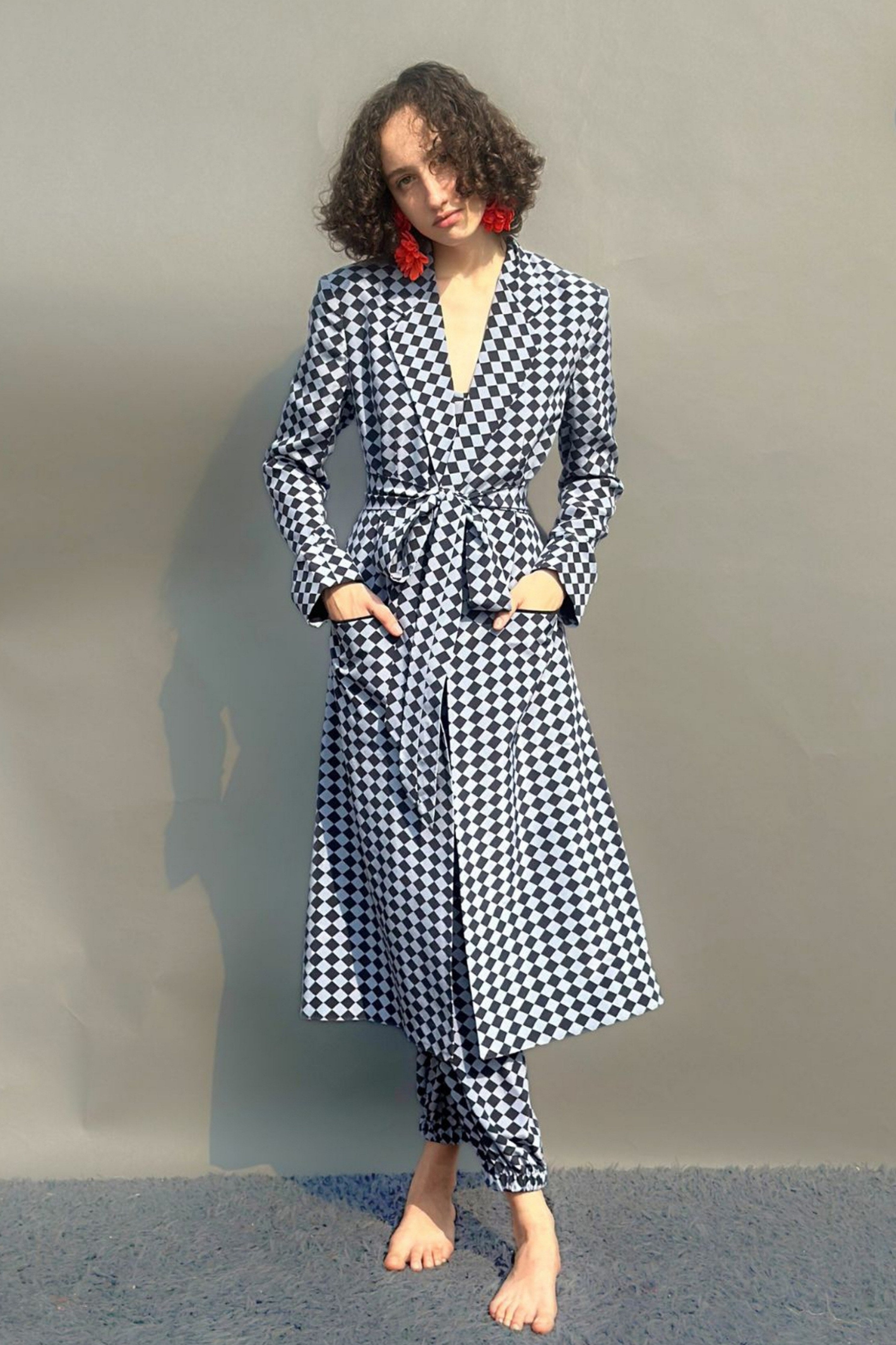 Black & Grey Trench With Camisole, Belt & Balloon Pants