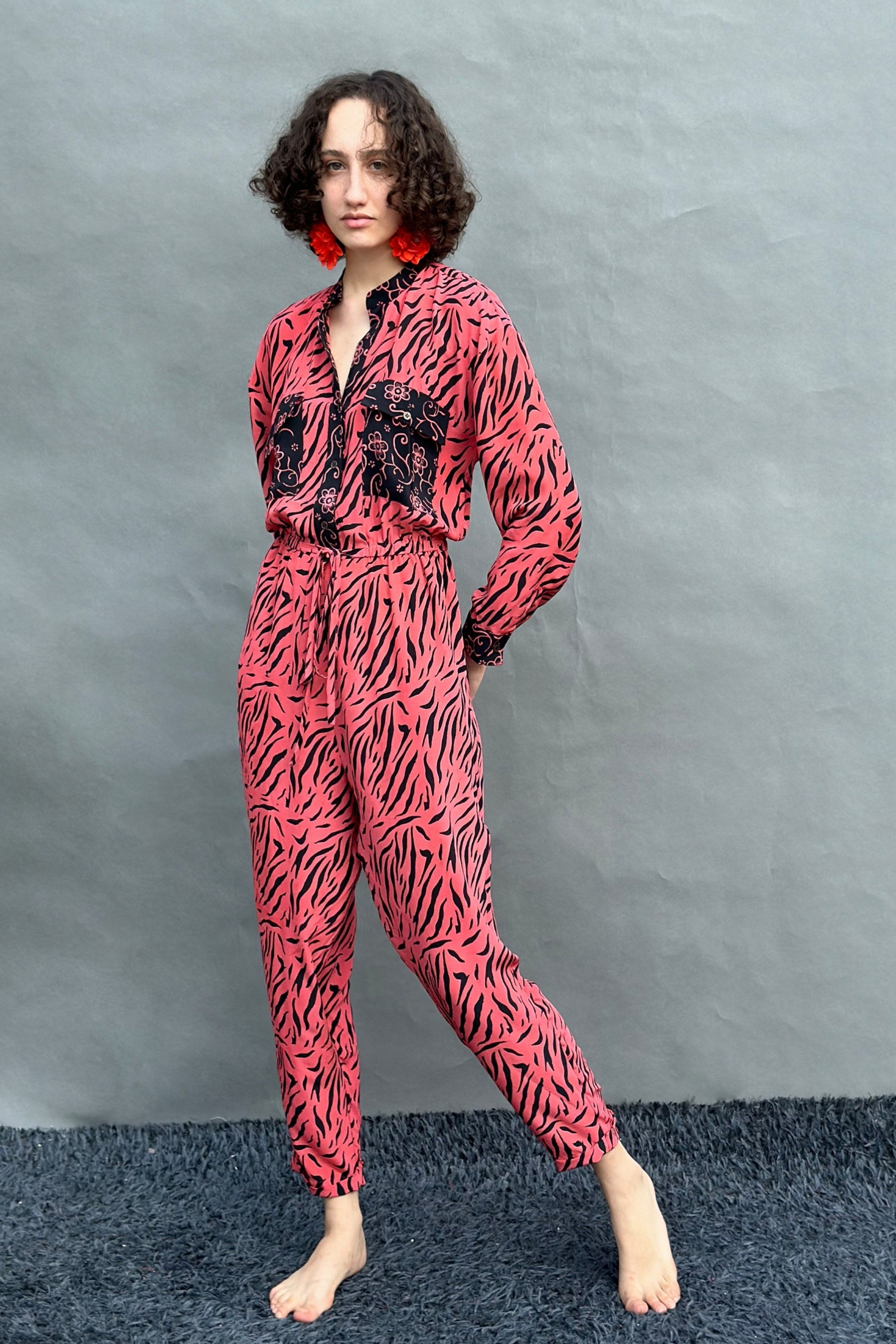 Coral & Black Floral Jumpsuit