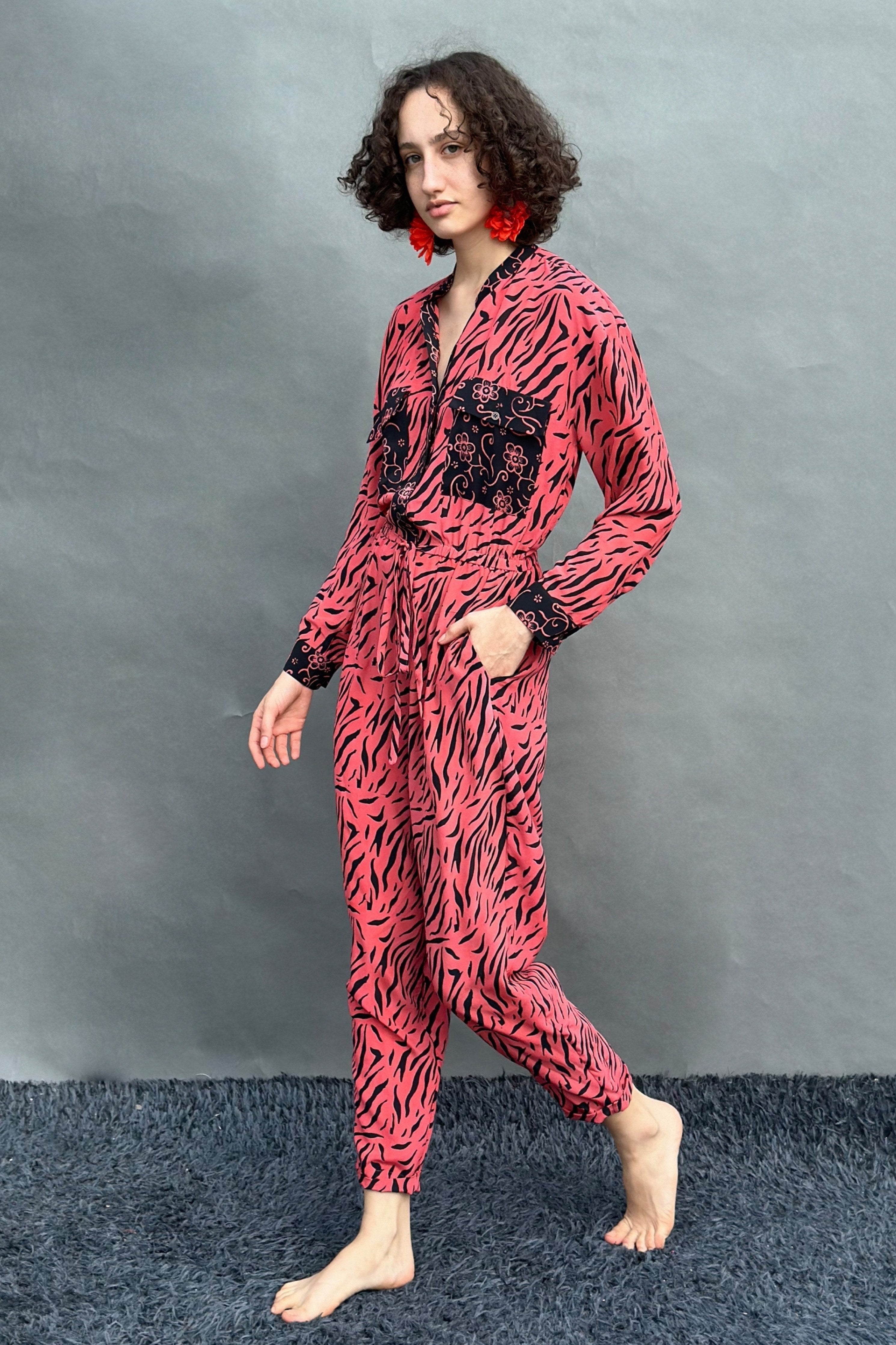 Coral & Black Floral Jumpsuit