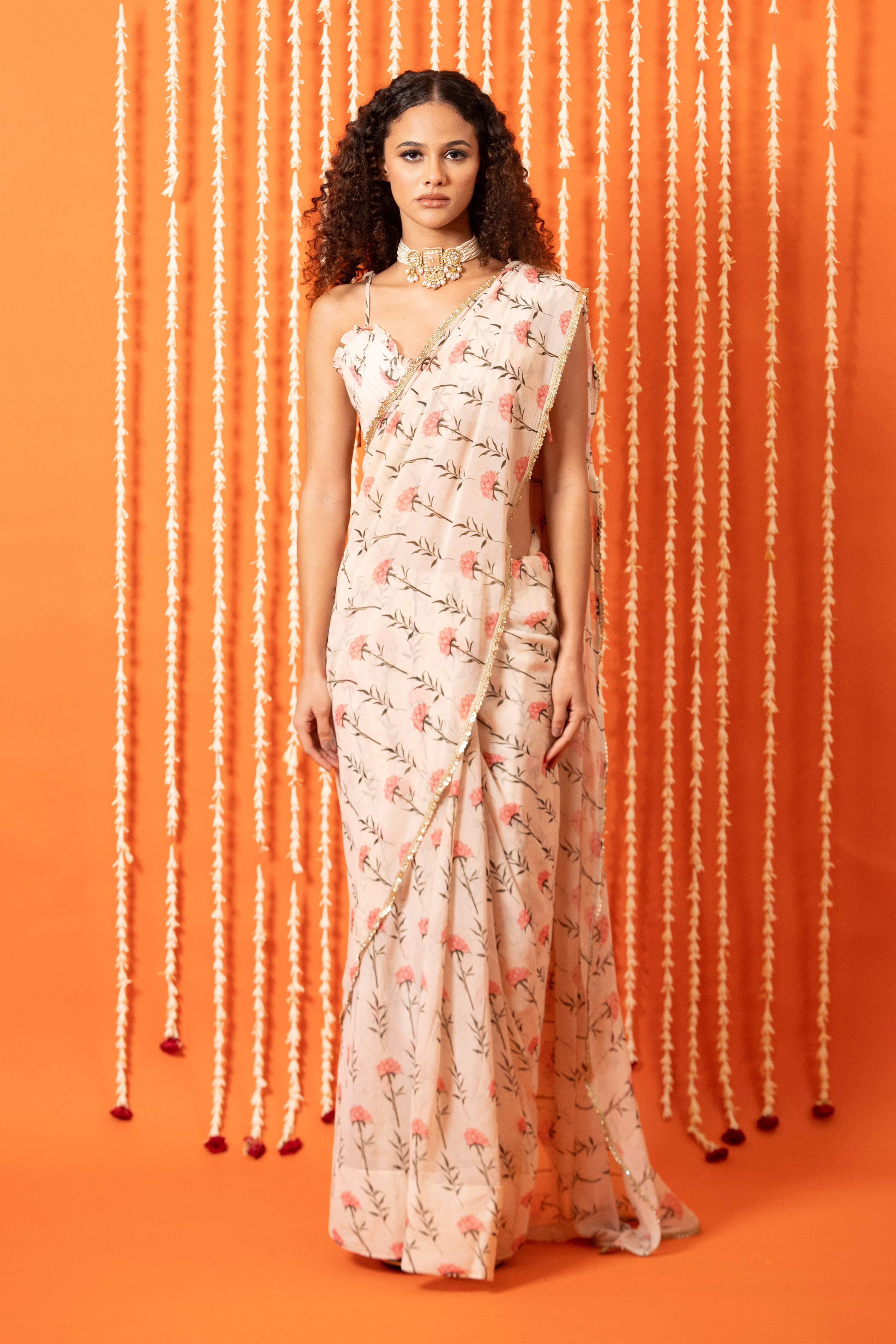 Strappy Ruched Bikini Blouse With Tie Up Bow And Free Size Saree
