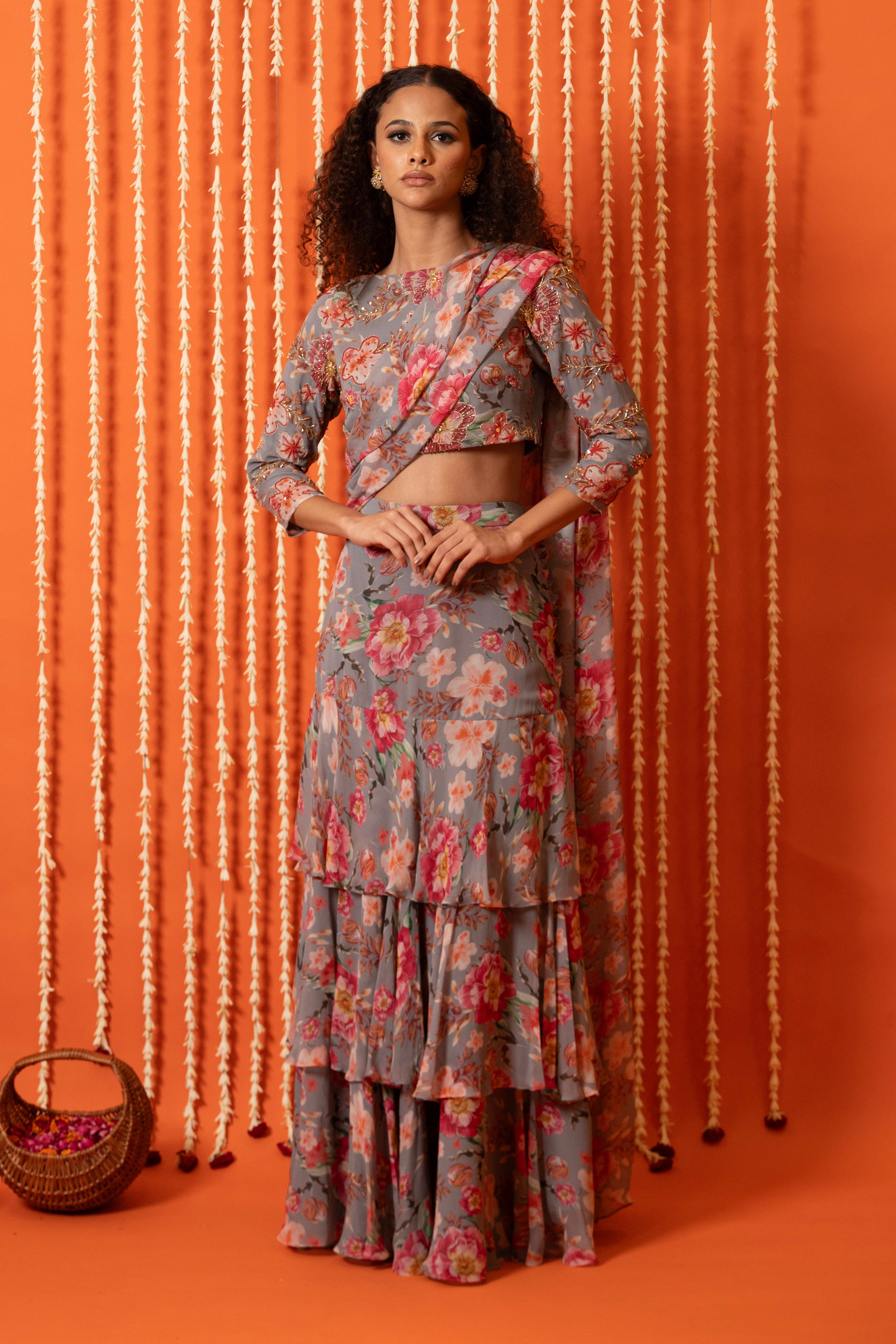 Embroidered Blouse Ruffled Pre Stitched Saree