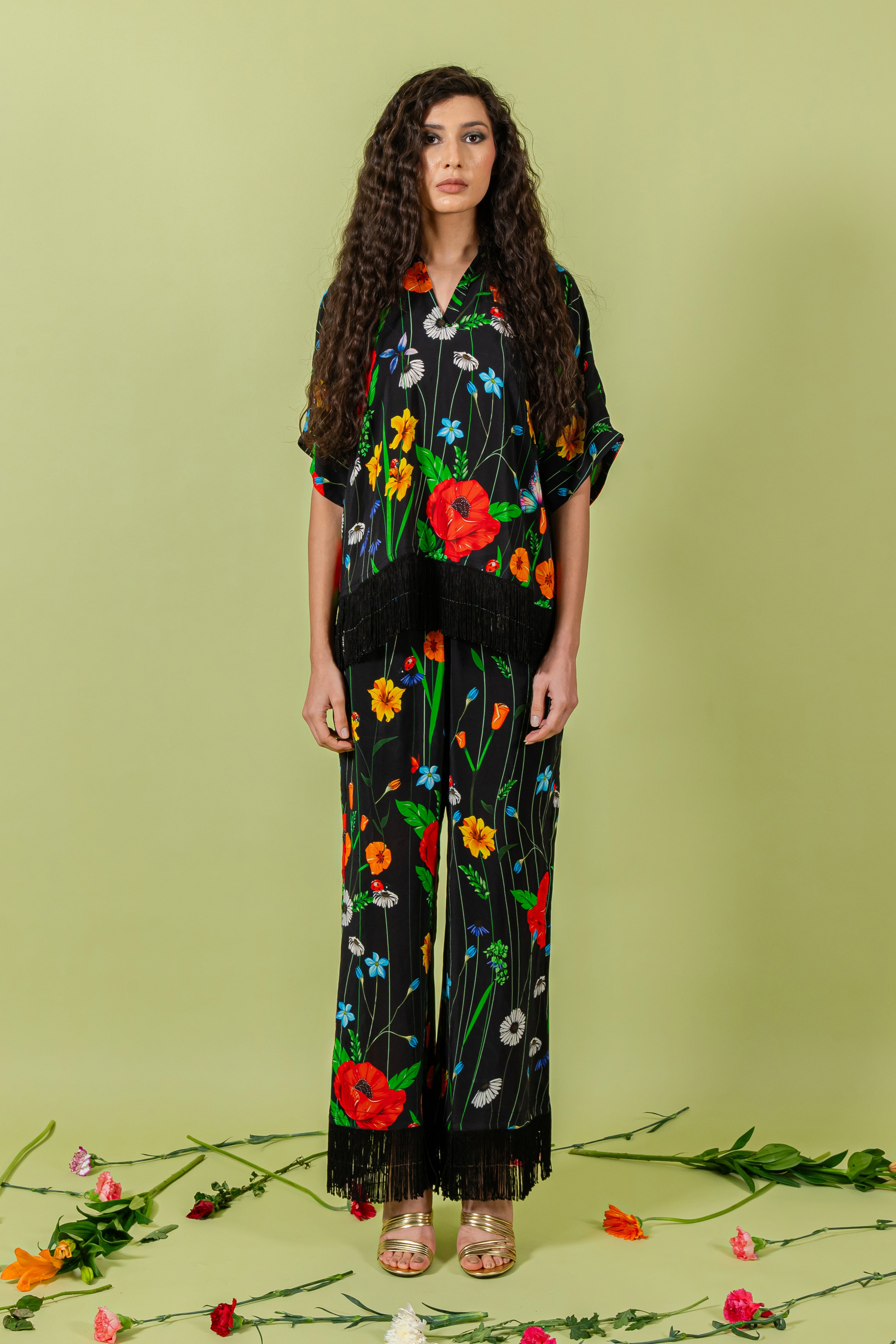Black Floral Free Size Shirt & Pants with Fringe Detail