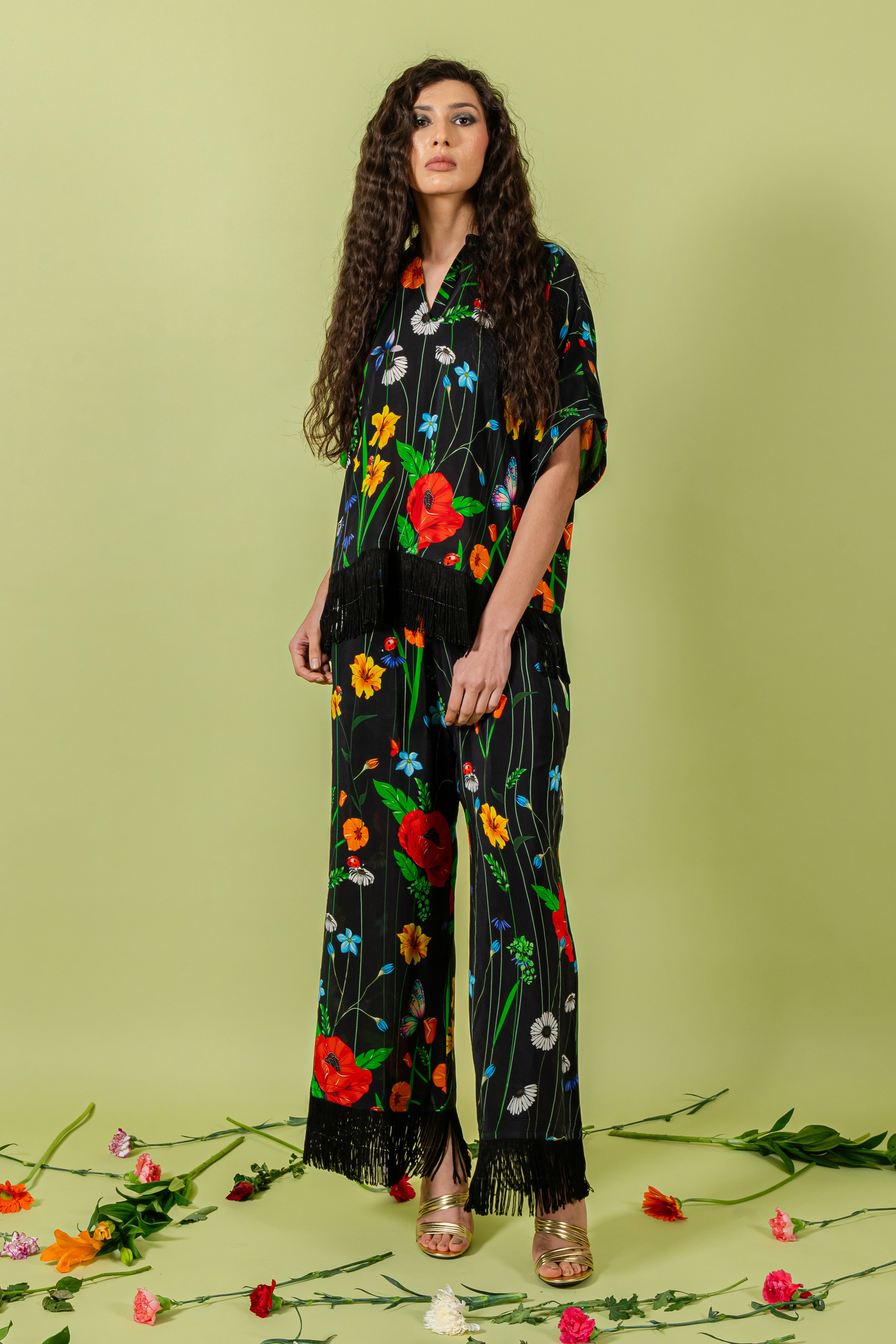 Black Floral Free Size Shirt & Pants with Fringe Detail