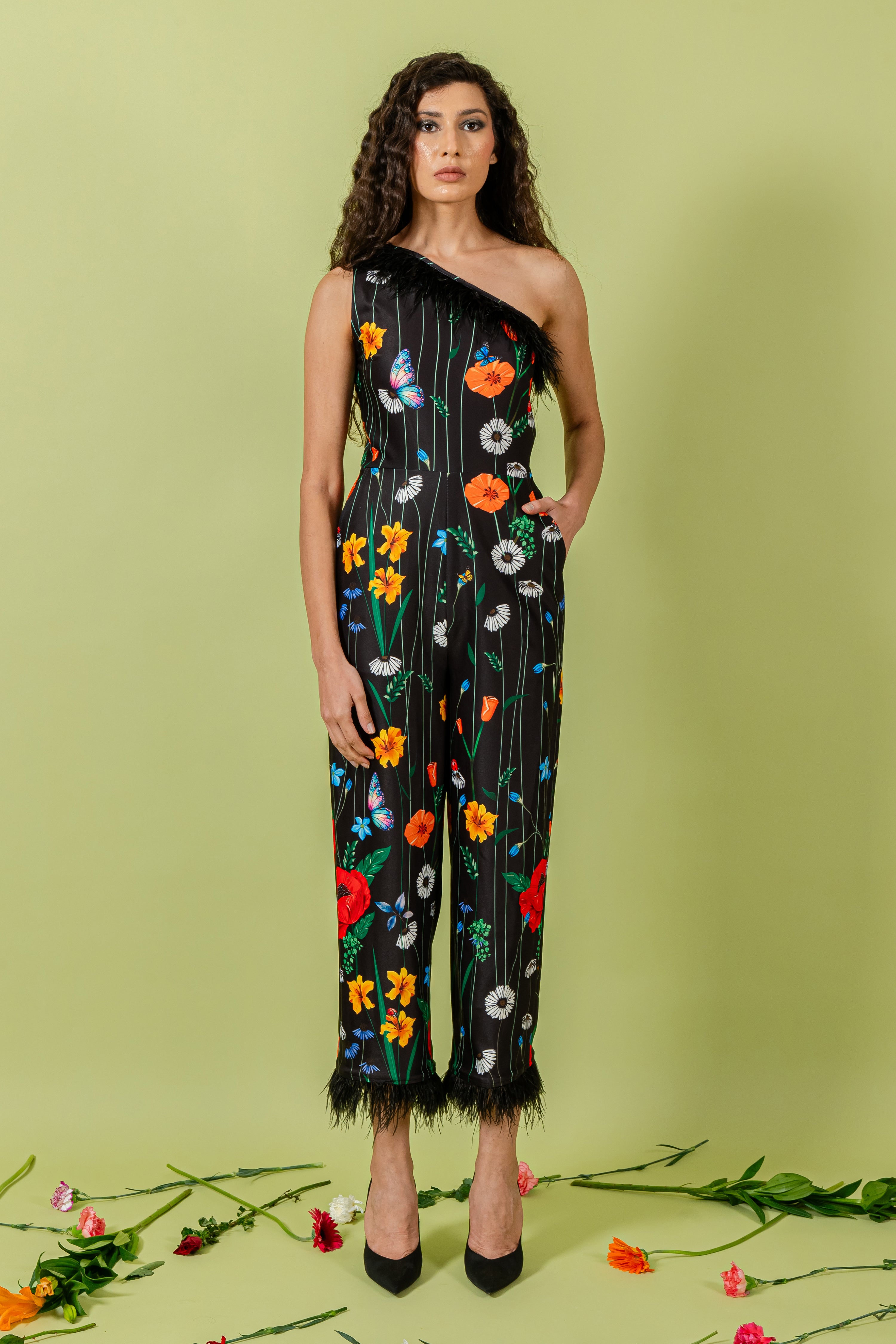Black Floral One Shoulder Sleeveless Jumpsuit