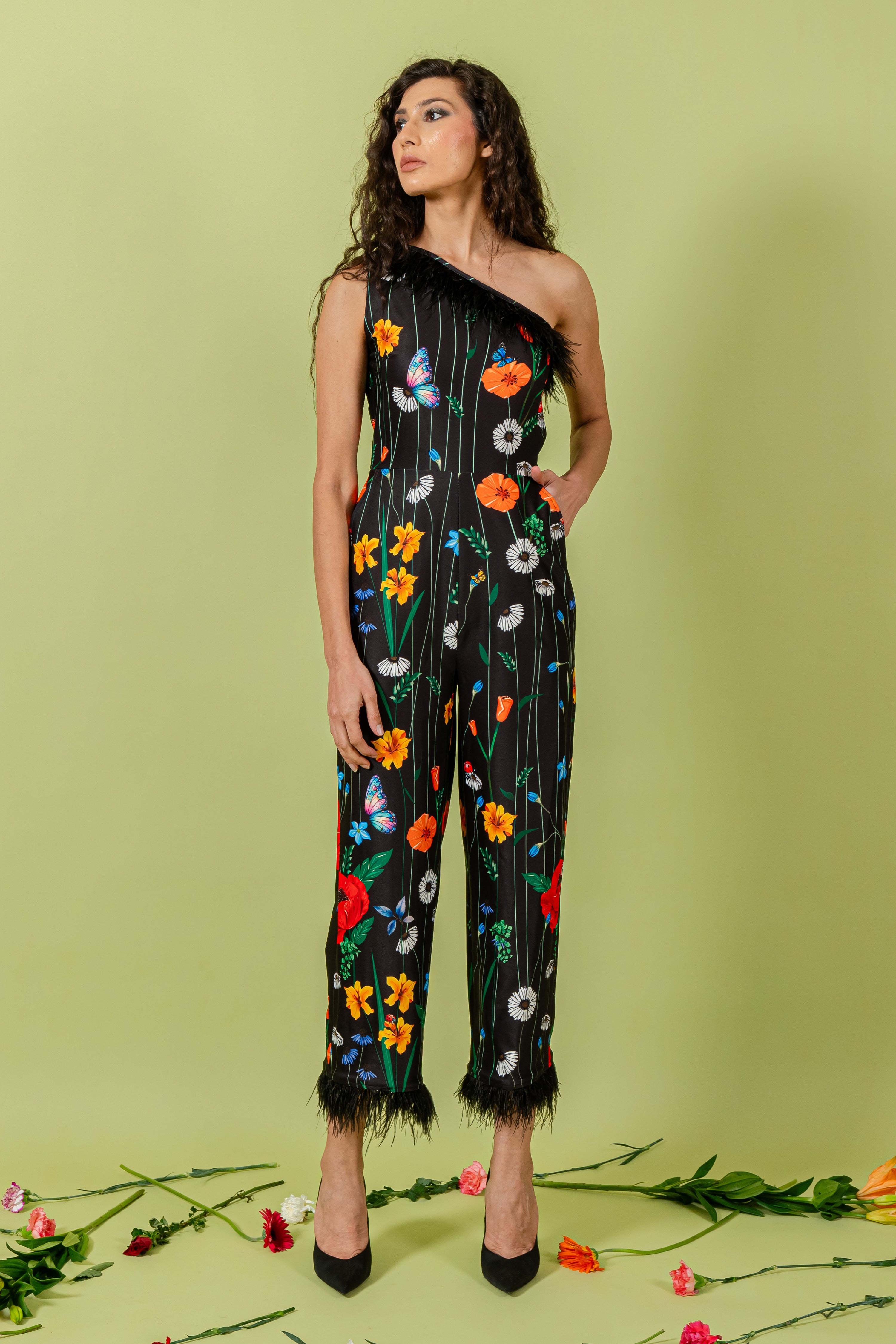 Black Floral One Shoulder Sleeveless Jumpsuit
