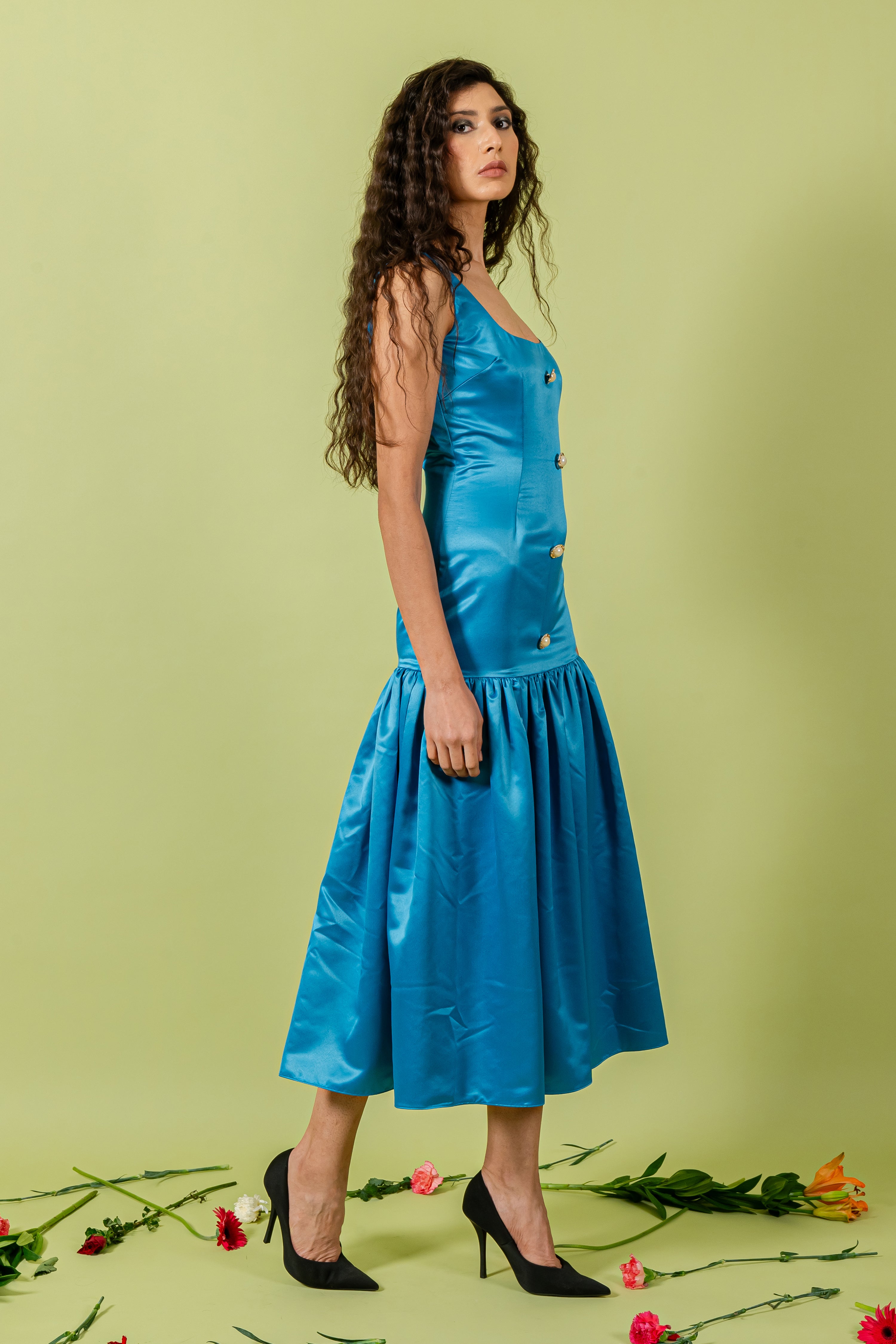 Blue Low Gathered Hem Sleeveless Dress