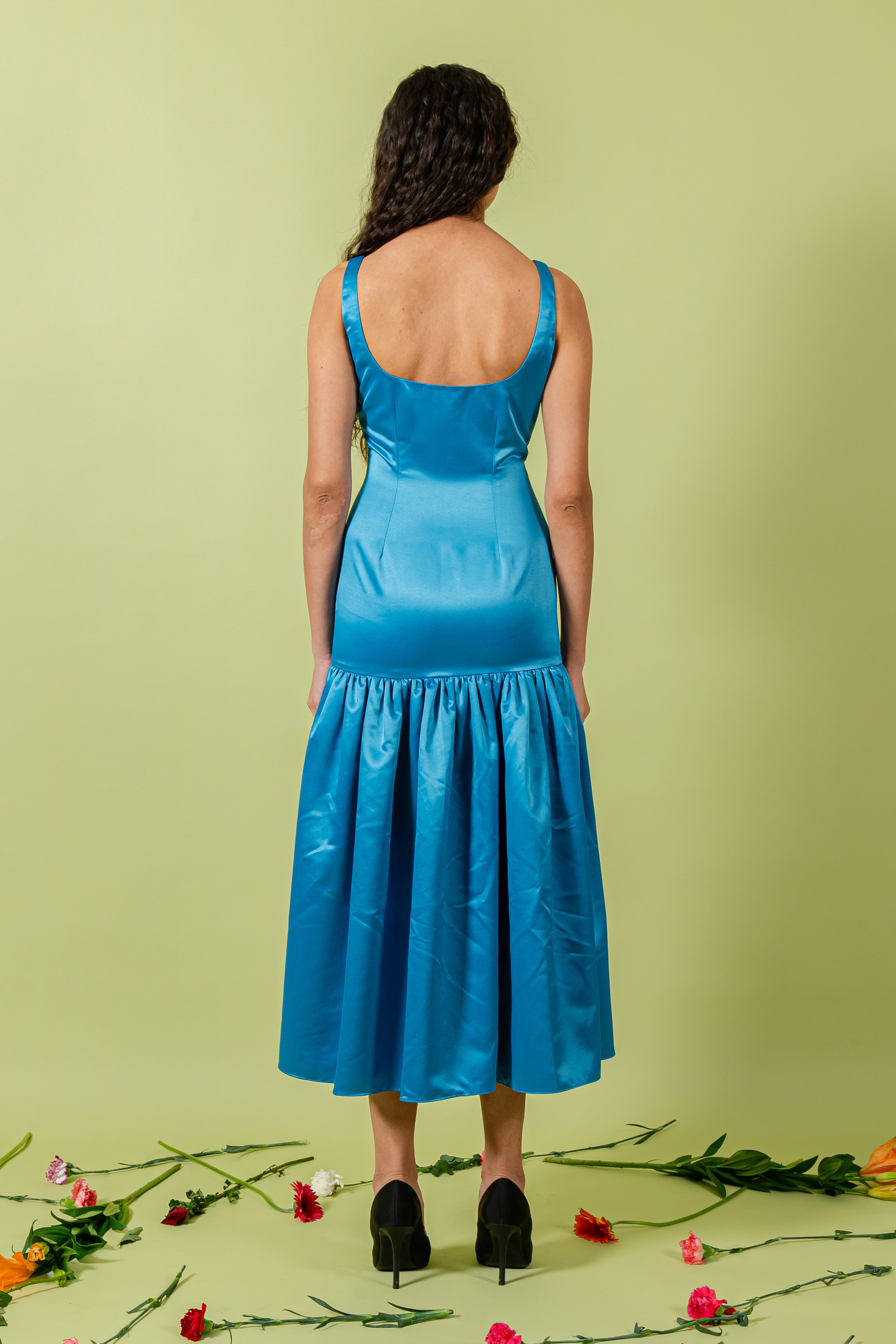 Blue Low Gathered Hem Sleeveless Dress