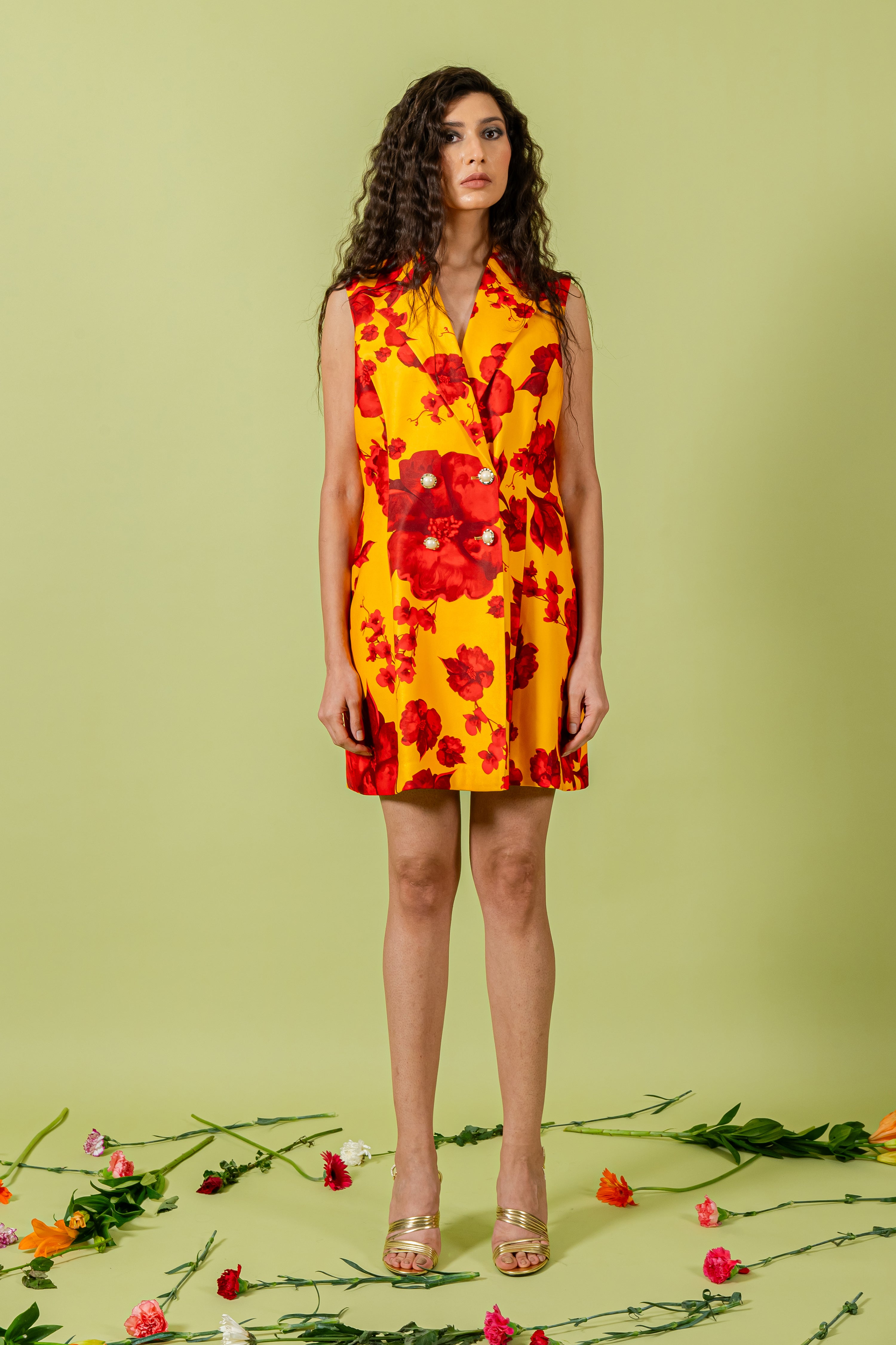 Yellow & Red Floral Print Coat Collar Mini Blazer Dress